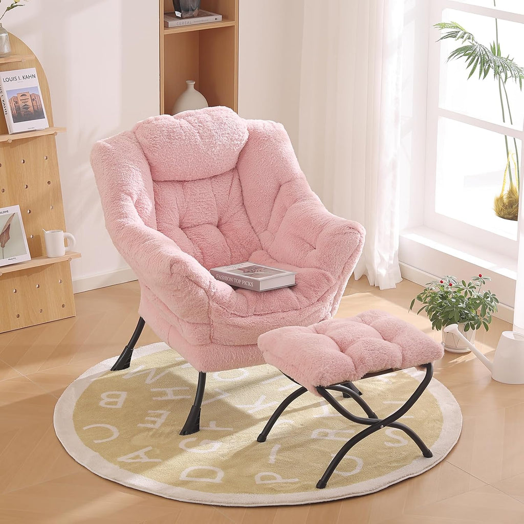 Furlide Lazy Chair with Ottoman, Modern Accent Chair with Armrests and a Side Pocket, Plush Pink Accent Chairs, Reading Chairs, Oversized Armchairs for Bedroom, Study, Living Room, Courtyard