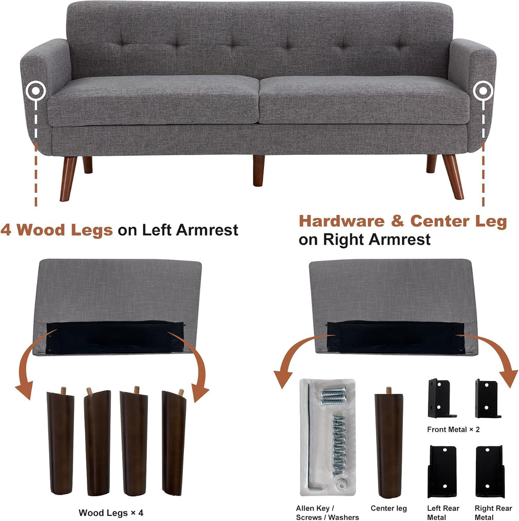 Tbfit 77.2' W Linen Sofa Couch, Mid Century Modern Decor Loveseat Couches for Living Room, Button Tufted Upholstered Small Couch for Bedroom, Solid, and Easy to Install Love Seats Furniture, Grey