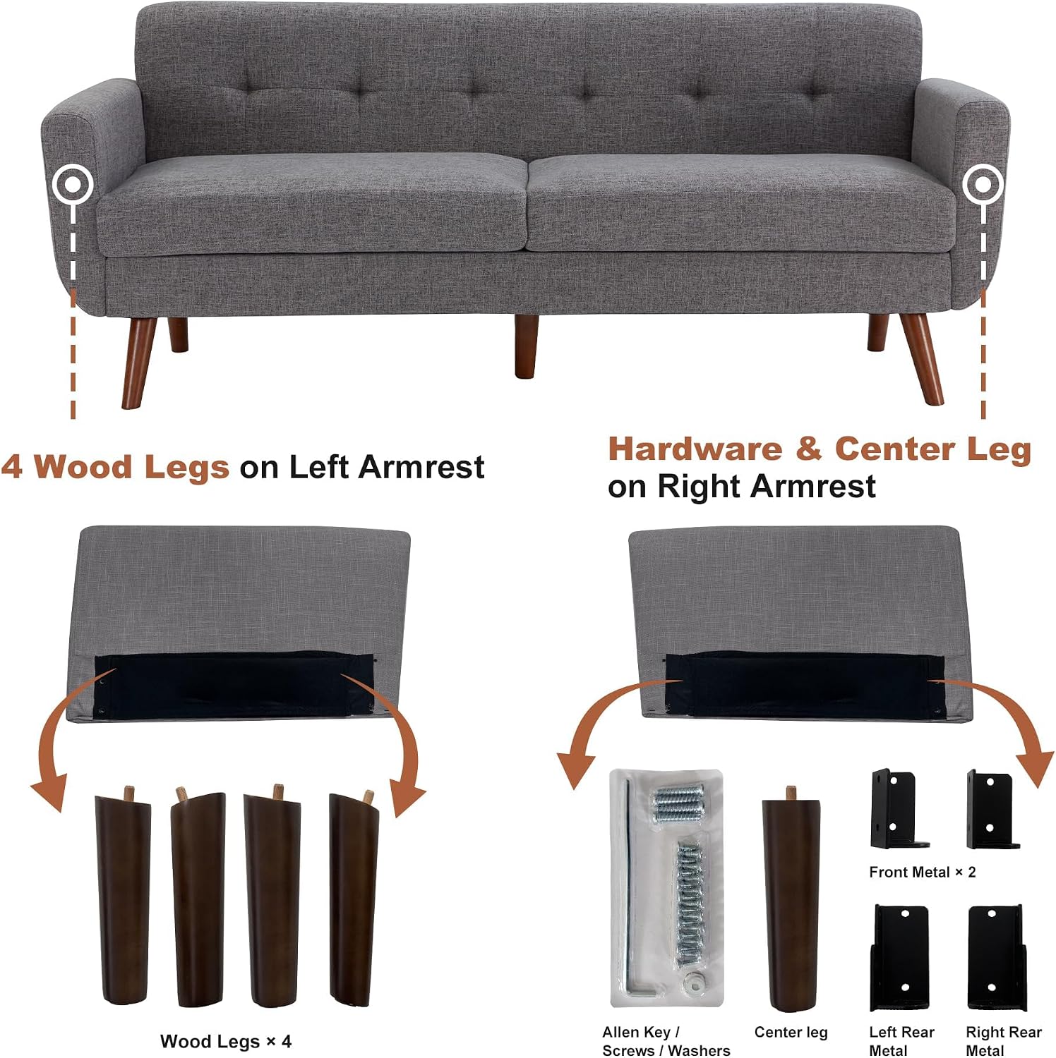 Tbfit 77.2' W Linen Sofa Couch, Mid Century Modern Decor Loveseat Couches for Living Room, Button Tufted Upholstered Small Couch for Bedroom, Solid, and Easy to Install Love Seats Furniture, Grey