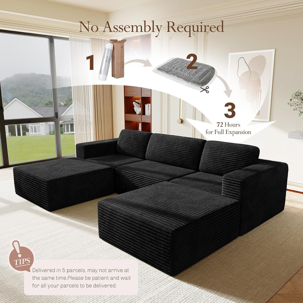 Vesgantti 119' Oversized U-Shaped Modular Sectional Sofa, Corduroy Cloud Couch with Deep Seating & Spring Support, Convertible Sofa with 2 Ottomans, Boneless Couch, No Assembly Required, Black
