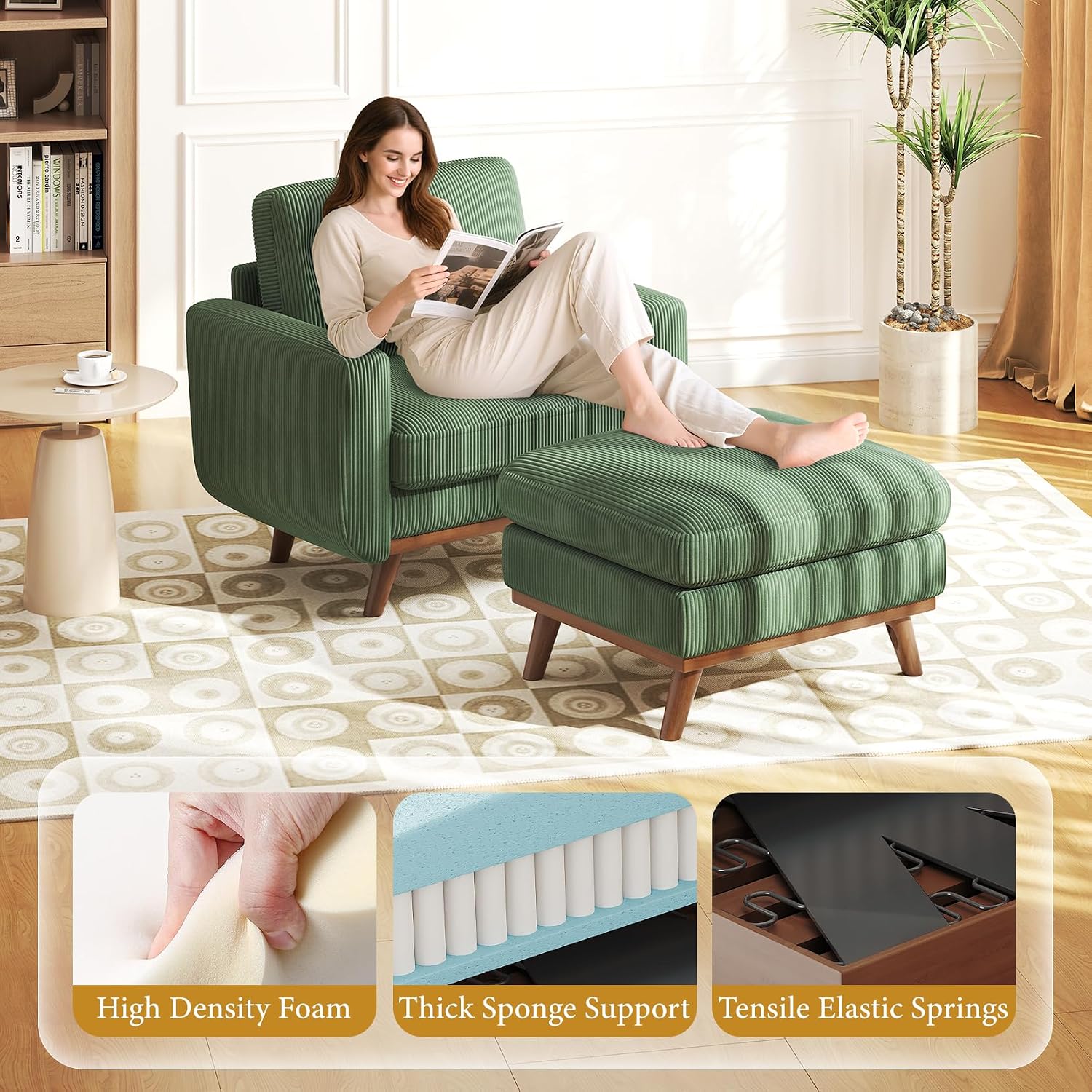 Vesgantti 38.5' Accent Chair with Movable Ottoman, Comfy Corduroy Armchair with Spring Cushion, Reading Chair with Ottoman, Modern Single Sofa for Living Room, Bedroom and Apartment, Green