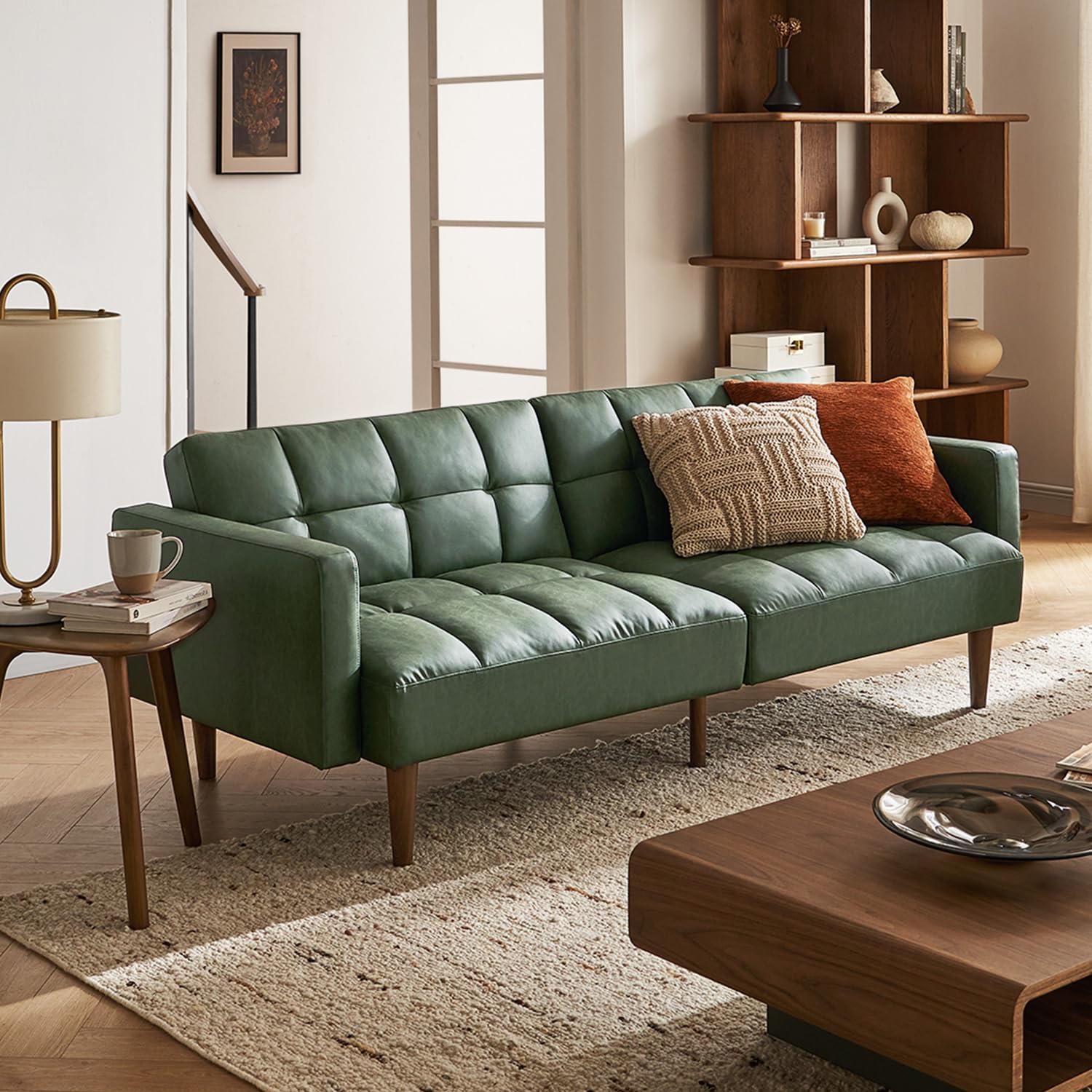 mopio 76.4' Futon Sofa Bed, Couch, Loveseat, Sleeper Sofa, Mid Century Modern Futon Couch, Sofa Cama, Couches for Living Room (Aaron PU, Sage Green)