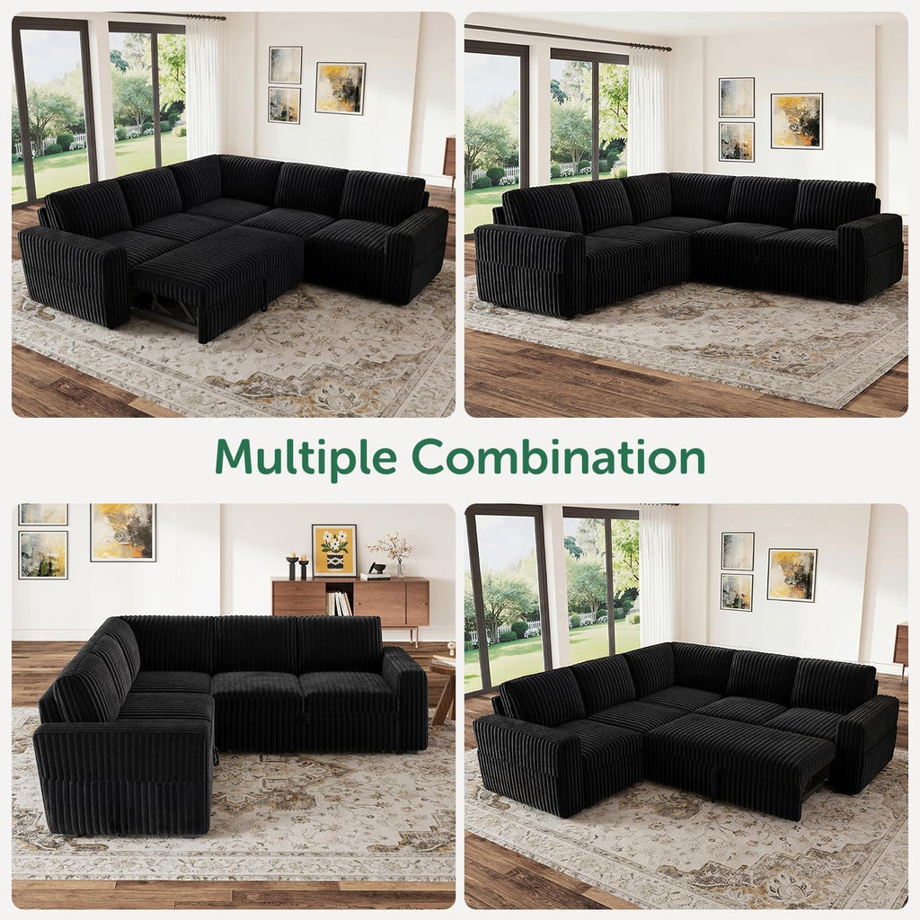 HONBAY Modular Sectional Sleeper Sofa with Pull Out Bed,Corduroy L Shaped Couch with Storage, Sectional Couches for Living Room,Black