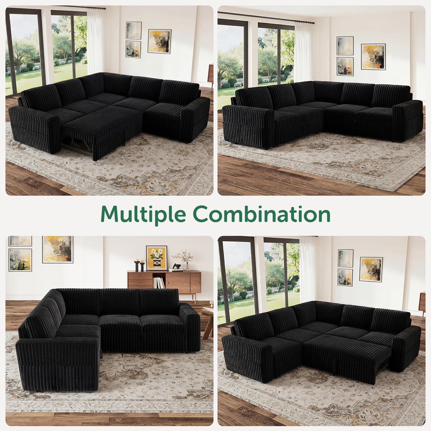 HONBAY Modular Sectional Sleeper Sofa with Pull Out Bed,Corduroy L Shaped Couch with Storage, Sectional Couches for Living Room,Black