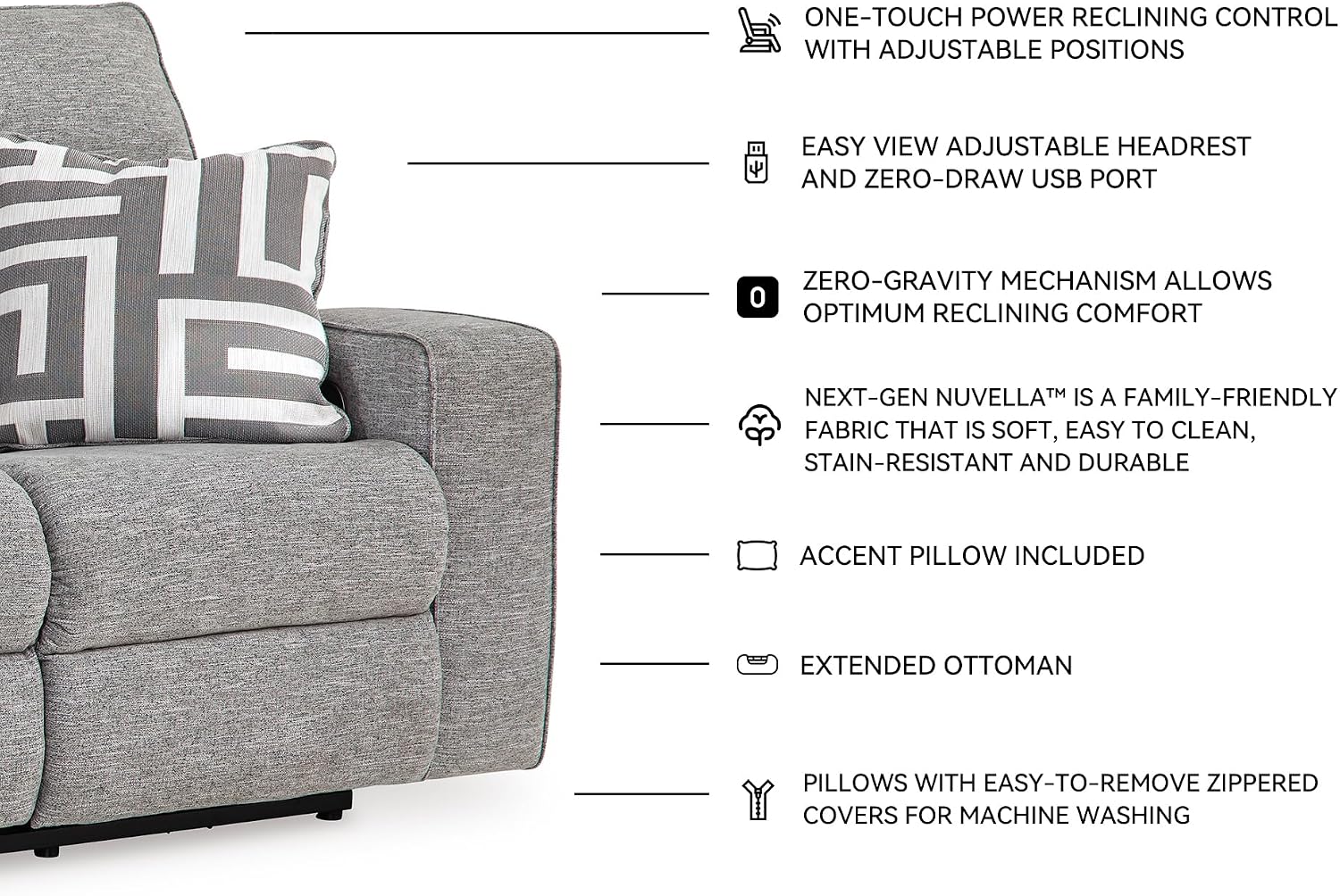 Signature Design by Ashley Biscoe Power Reclining Sofa, Easy View Headrest & Zero-Gravity Recline, Next-Gen Nuvella Polyester, Extended Ottoman, 88' Living Room Seating