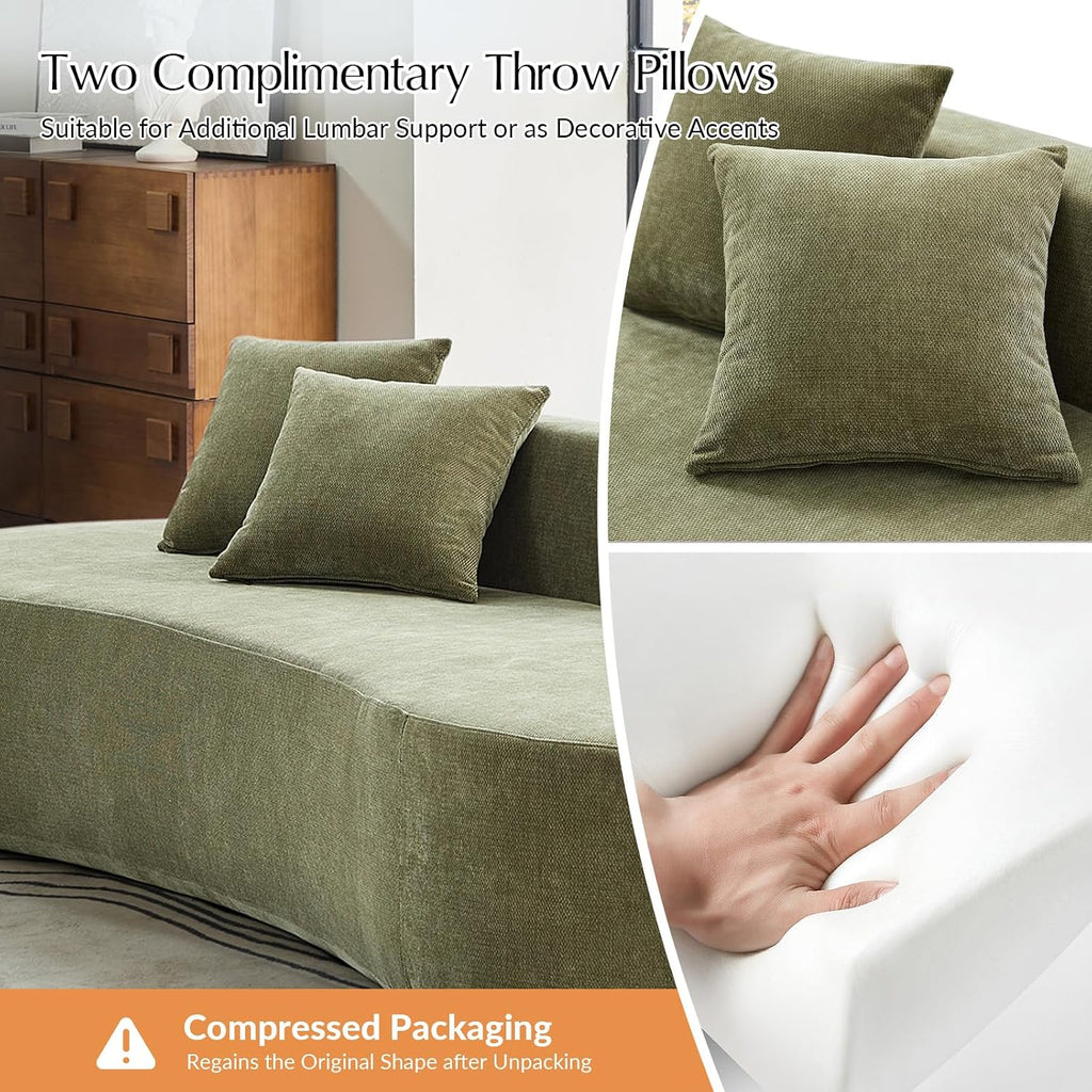 HULALA HOME 94.5' Curved Boneless Couch with Two Pillows, Oversized 3 Seater Compressed Foam Sofa with Deep Seat, Modern Cloud Couch for Living Room, No Assembly Required, Olive