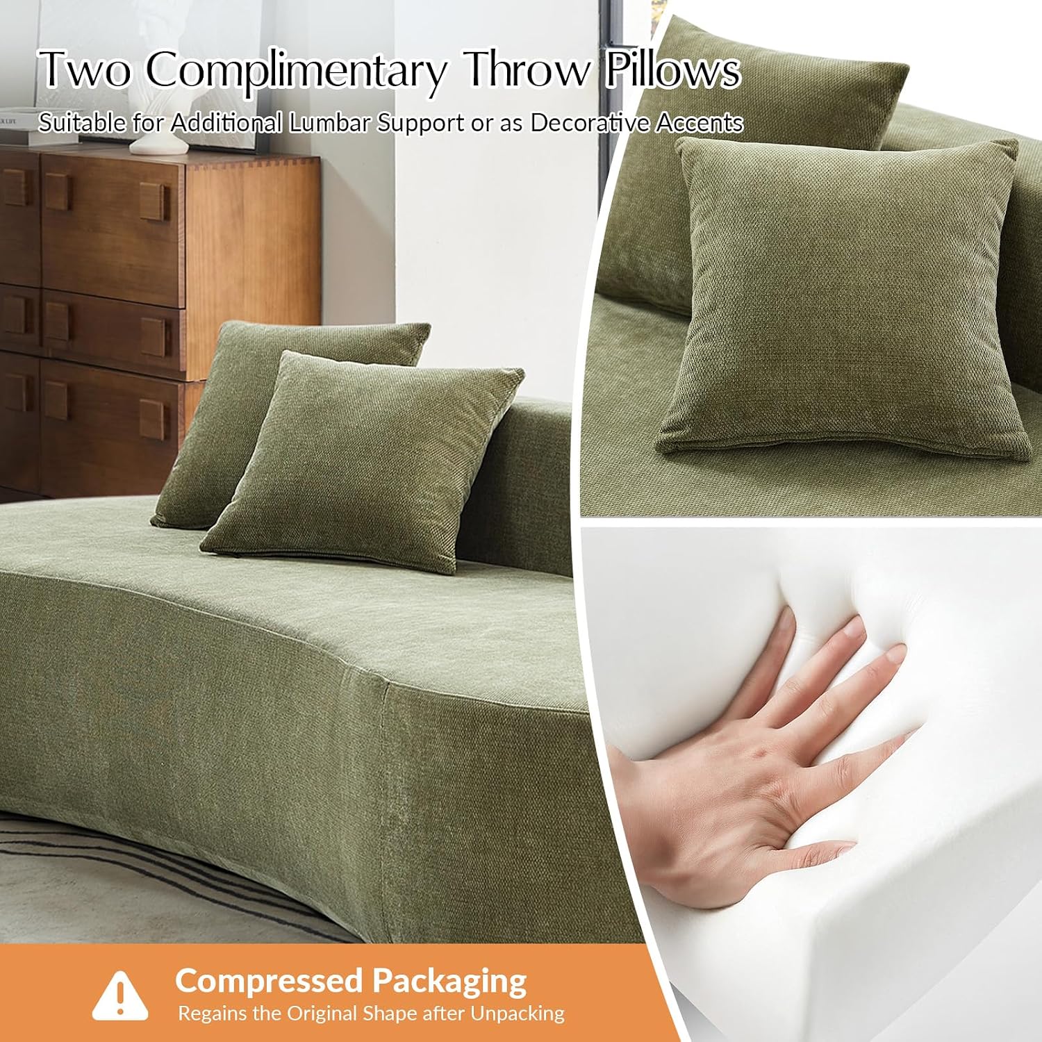 HULALA HOME 94.5' Curved Boneless Couch with Two Pillows, Oversized 3 Seater Compressed Foam Sofa with Deep Seat, Modern Cloud Couch for Living Room, No Assembly Required, Olive