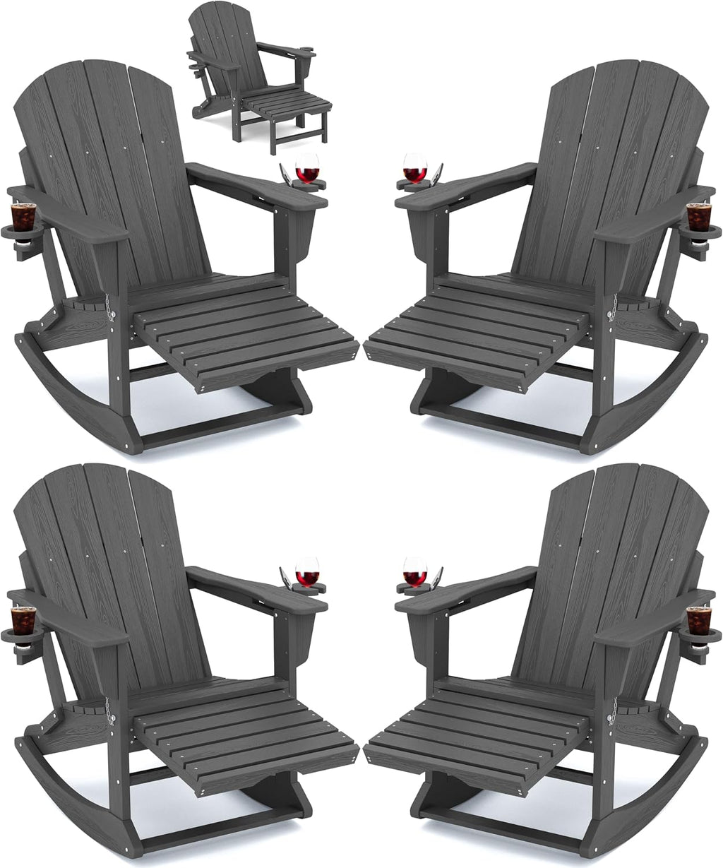 KINGYES Adirondack Rocking Chair Set of 4 with Retractable Ottoman and Cup Holders, HDPE Adirondack Rocker Patio Rocking Chair for Porch, Patio, Balcony, Leaden Grey