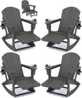KINGYES Adirondack Rocking Chair Set of 4 with Retractable Ottoman and Cup Holders, HDPE Adirondack Rocker Patio Rocking Chair for Porch, Patio, Balcony, Leaden Grey