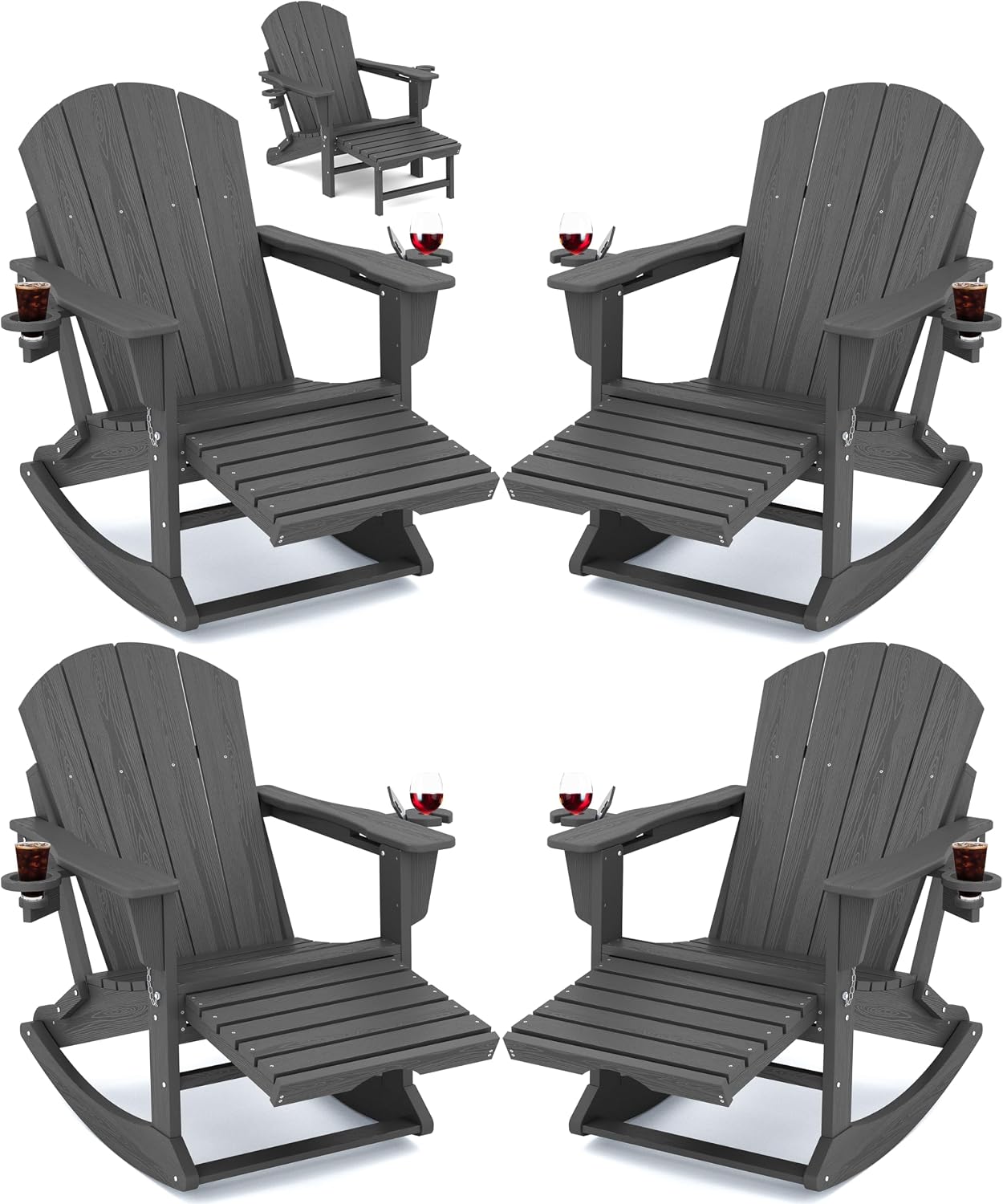 KINGYES Adirondack Rocking Chair Set of 4 with Retractable Ottoman and Cup Holders, HDPE Adirondack Rocker Patio Rocking Chair for Porch, Patio, Balcony, Leaden Grey