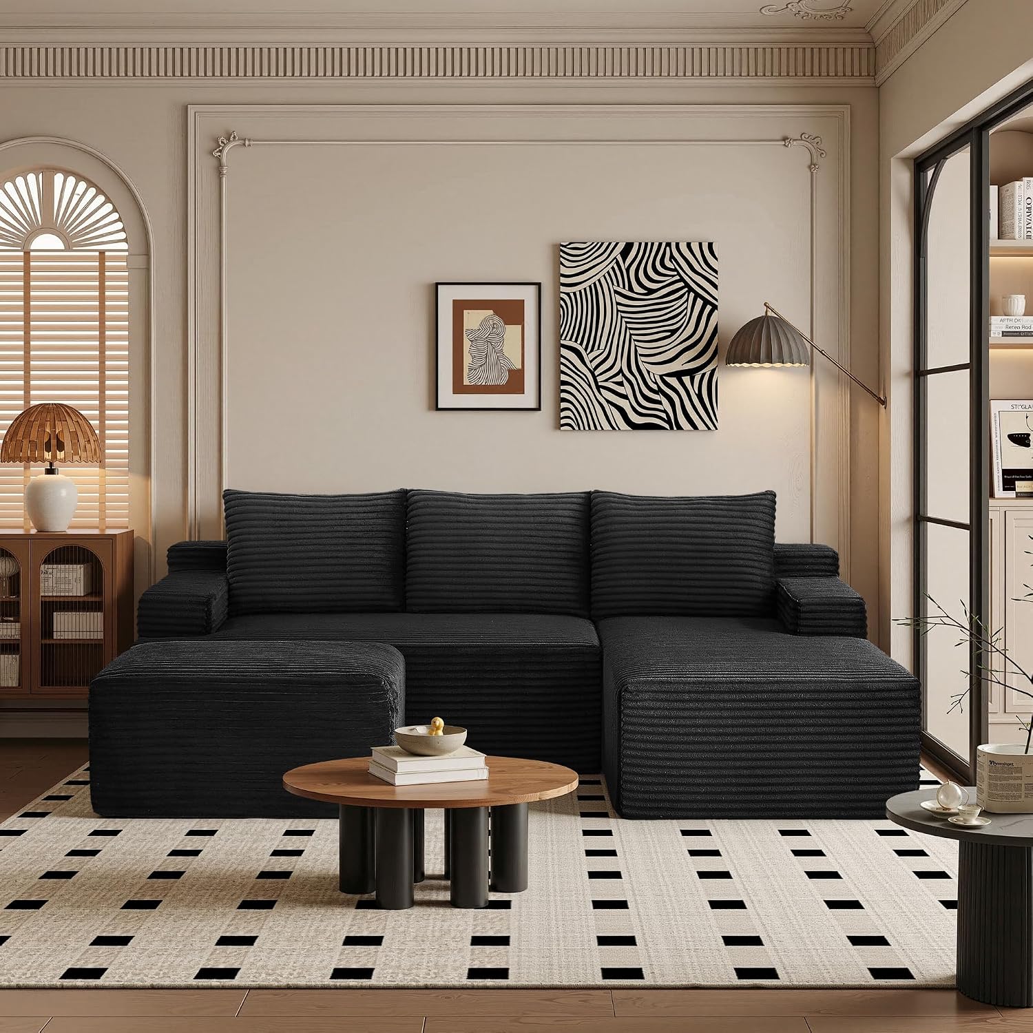 96''Sectional Couches for Living Room,Modern Modular Sectional Sofa,Upholstered Boneless Couch Comfy Cloud Couch with L Shaped Chaise (Black, 96''W Right Facing Chaise+Ottoman)