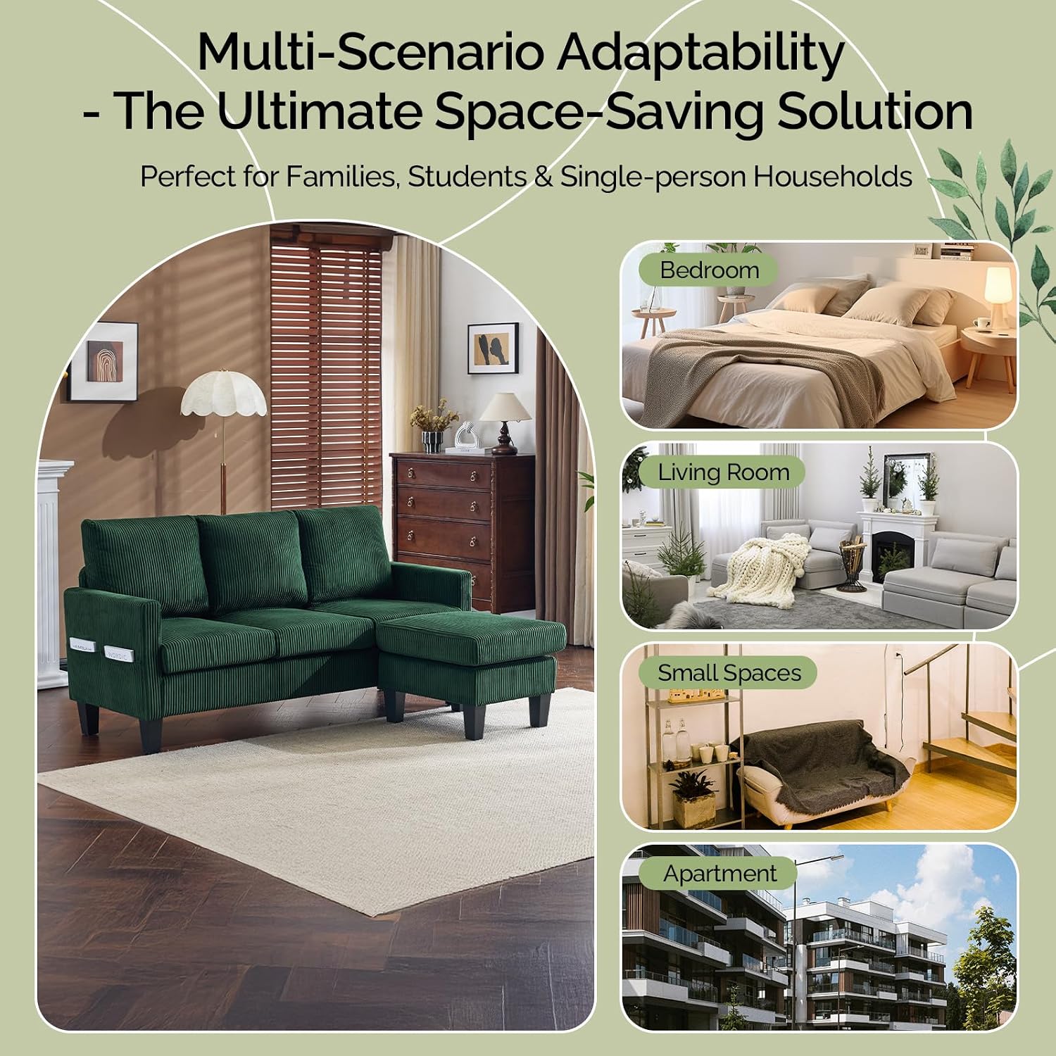 VINGLI 68.5' L Shaped Couch with Movable Storage Ottoman, Convertible Sectional Sofa in Soft Corduroy Fabric, Modern Reversible Chaise Couch for Small Spaces, Apartment, Living Room，Dark Green