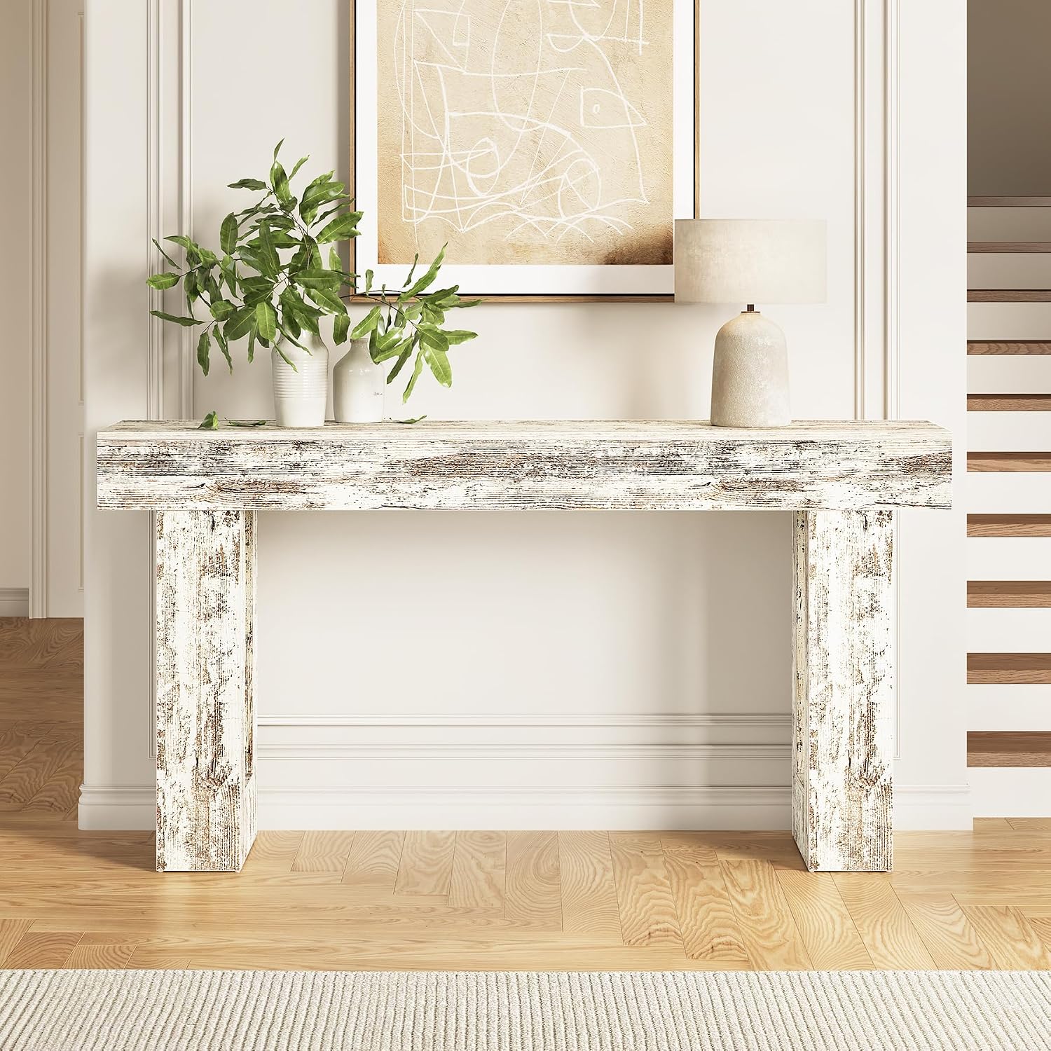 Little Tree 63-Inch Long Console Tables for Entryway, Large Sofa Table Behind Couch, Wooden Entry Foyer Hallway Table, Modern Console Sofa Tables for Living Room, Distressed White