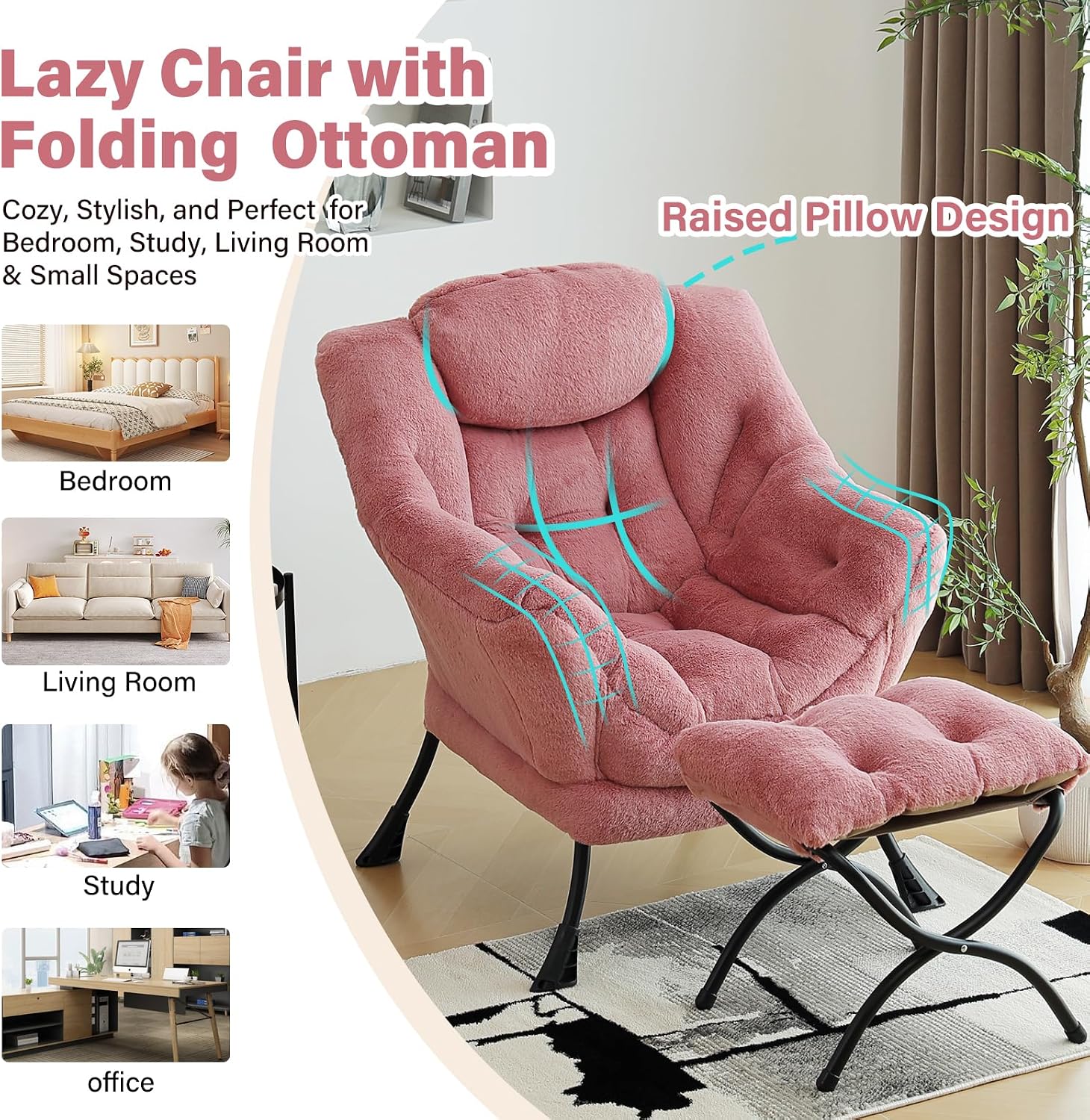 Furlide Lazy Chair with Ottoman, Modern Accent Chair with Armrests and a Side Pocket, Plush Dark Pink Accent Chairs, Reading Chairs, Oversized Armchairs for Bedroom, Study, Living Room, Courtyard