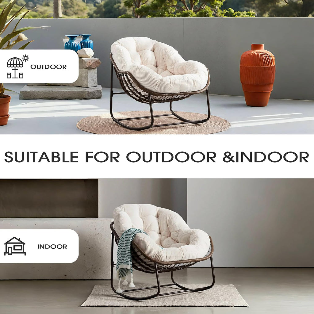 Oversized Papasan Rocking Chair, Indoor & Outdoor Egg Rocker with All-Weather Hand-Woven Rattan & Rust-Proof Steel Frame for Porch, Patio, Living Room (Corduroy, White)