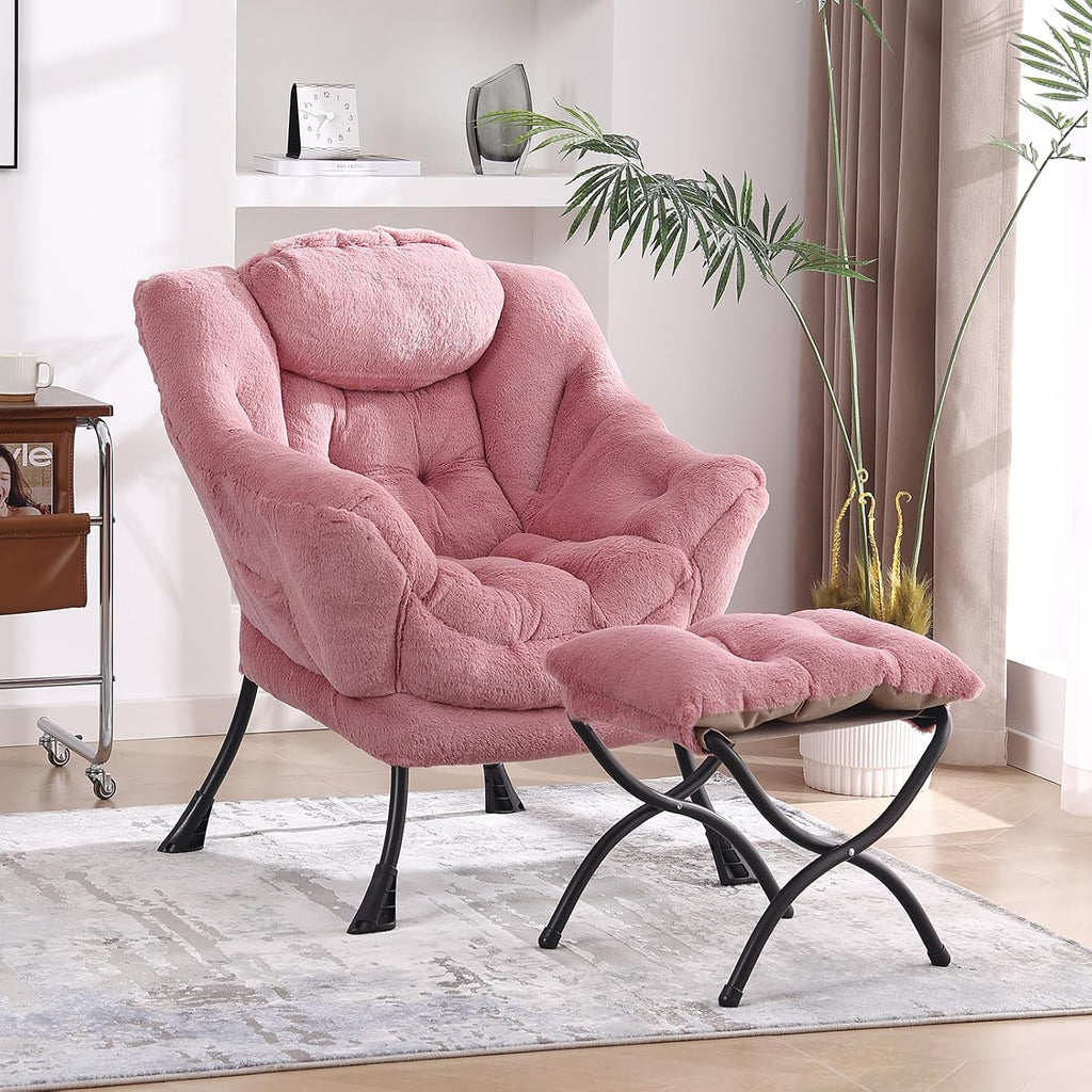 MBOOYOME Lazy Chair with Folding Ottoman, Modern Accent Armchair with Armrests and a Side Pocket & Foldable Footstool, Reading Chair for Living Room, Bedroom & Dorm, Plush Dark Pink