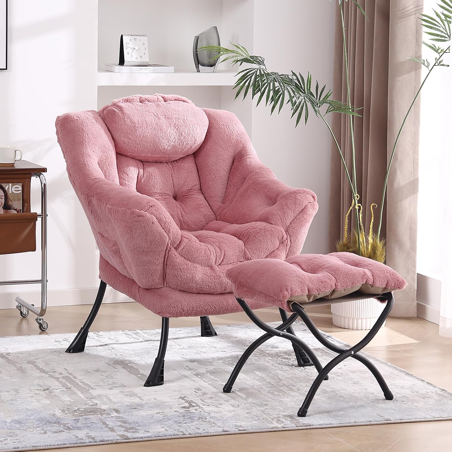 MBOOYOME Lazy Chair with Folding Ottoman, Modern Accent Armchair with Armrests and a Side Pocket & Foldable Footstool, Reading Chair for Living Room, Bedroom & Dorm, Plush Dark Pink