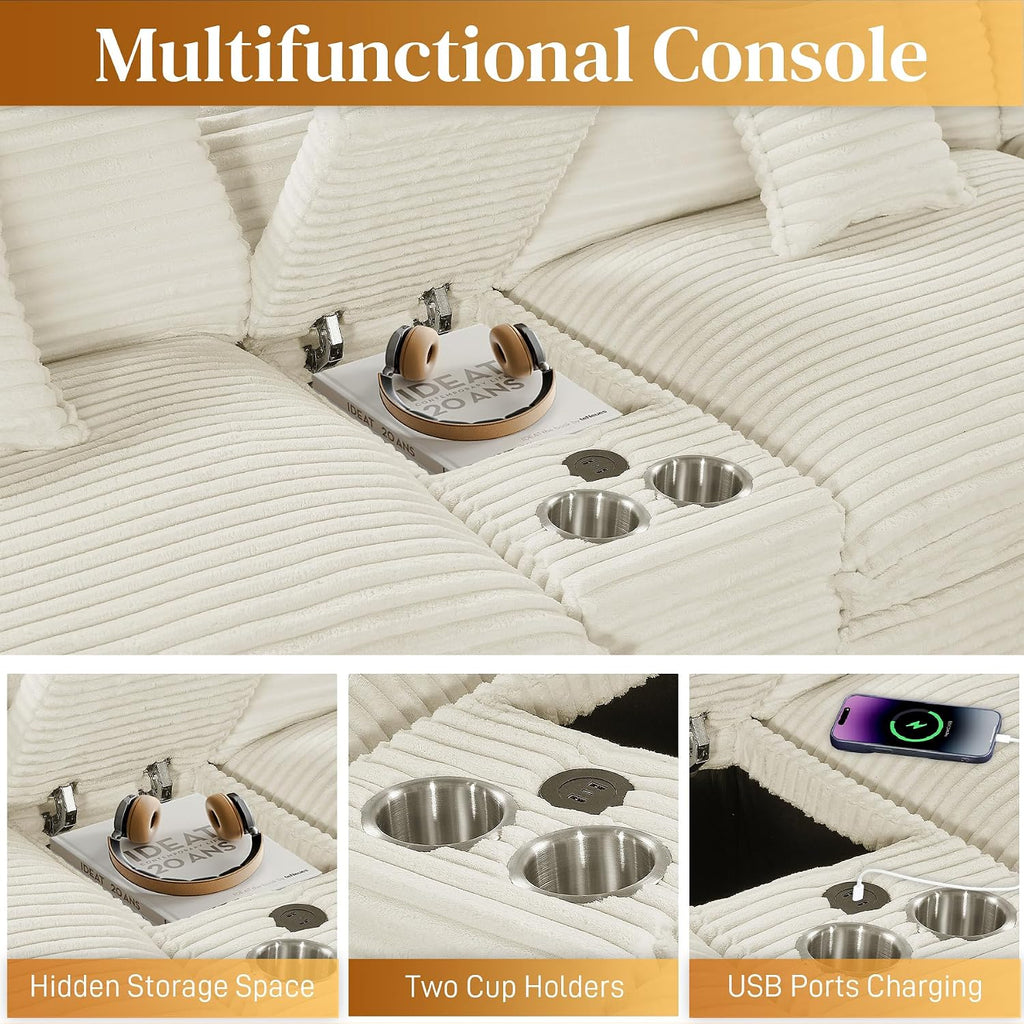 145'' U-Shaped Cloud Sofa, Beige Modular Sofa Suitable for Living Rooms Extra Large Comfortable and Fluffy Corduroy Sofa and Features USB Ports and Storage Ideal for Pet-Owning Families with Children