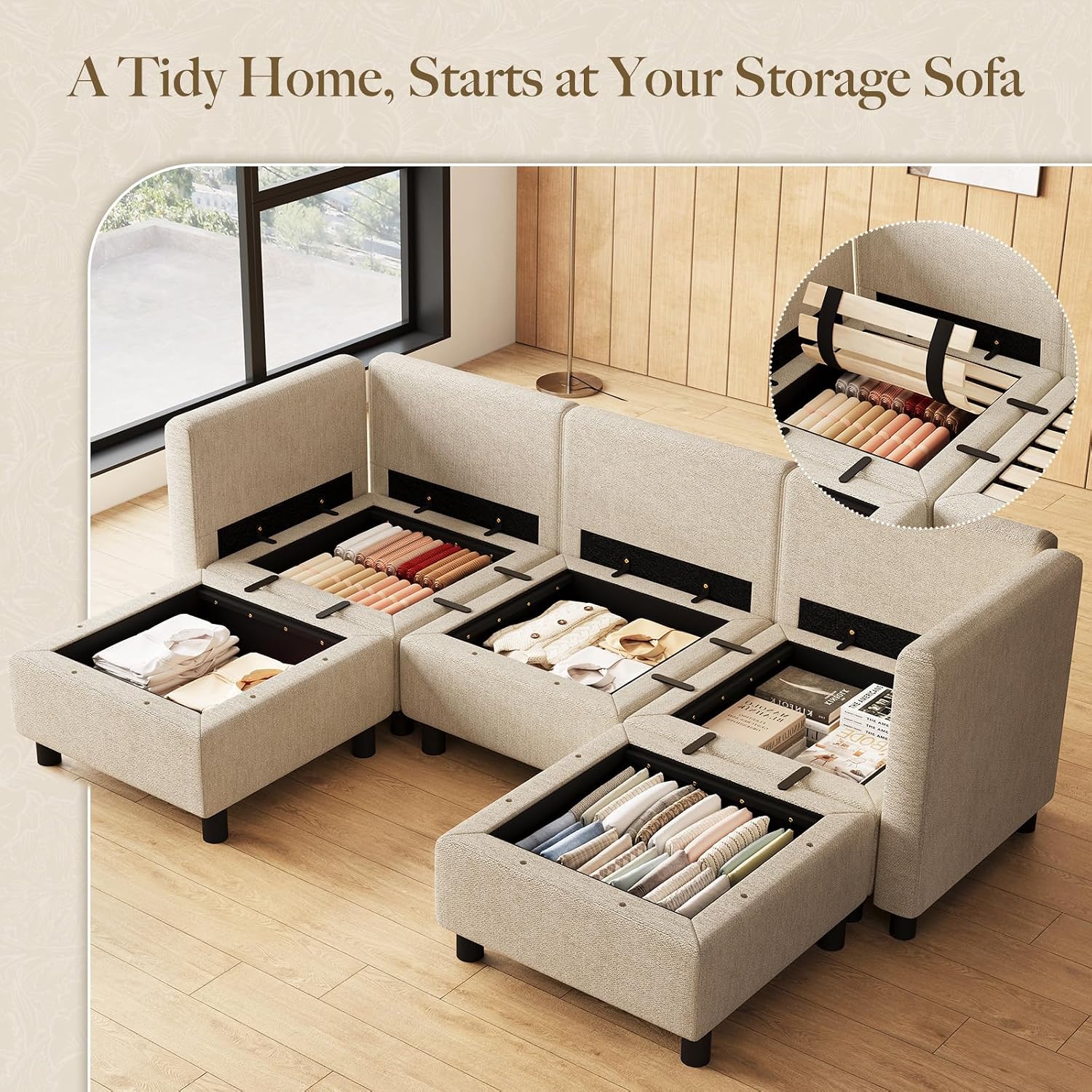 Belffin 84.3' 5 Seats U Shaped Couch Modular Sectional Sofa Washable Sectional Couches for Living Room Comfy Couches with Storage Seat Couch Sofas with Chaise,Beige