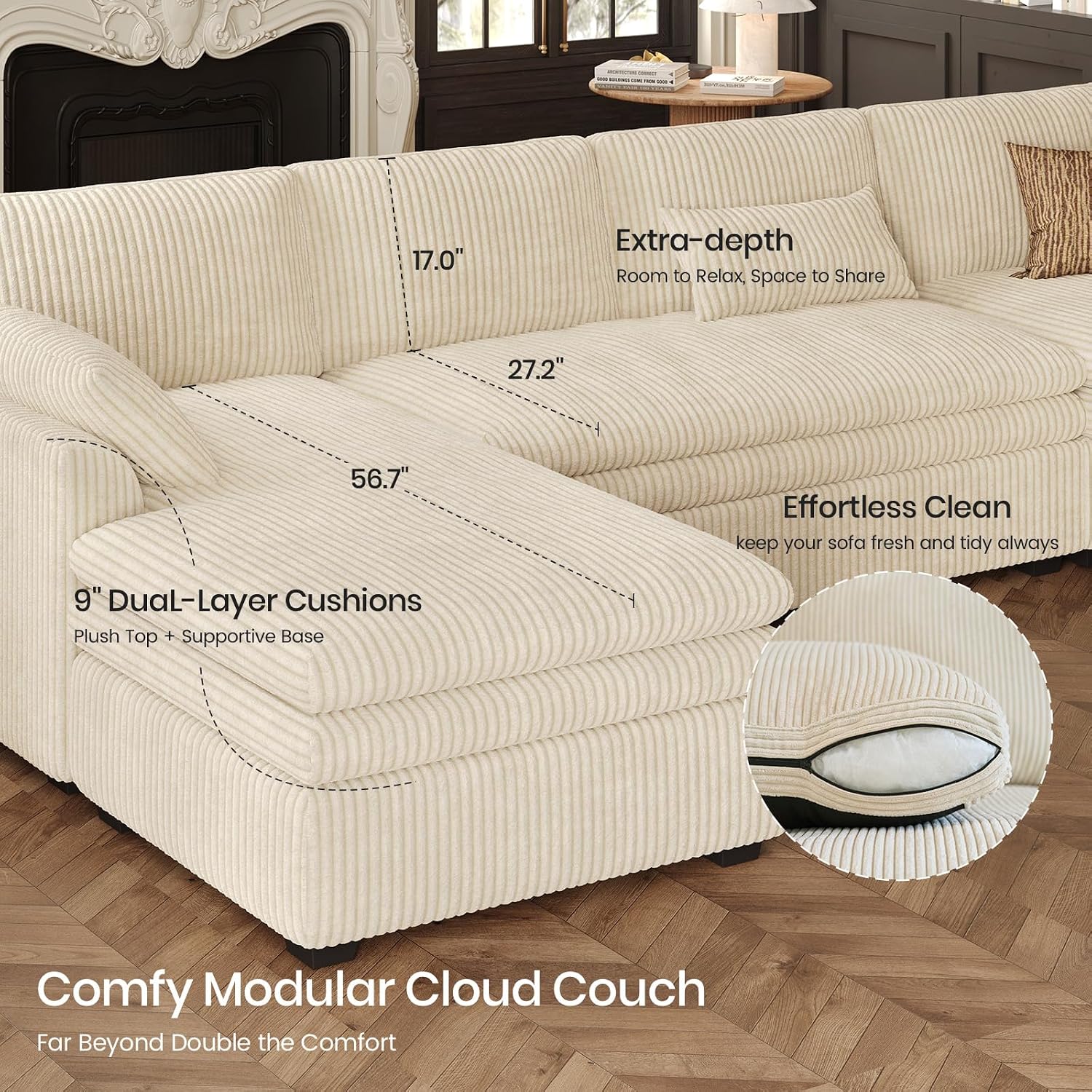 Belffin Large Modular Sectional Sofa with Double Deep Chaise and Loveseat, Corduroy U Shape Couch with 9' Soft Dual-Layer 9 Seats Cushion for Living Room, Apartment, Beige