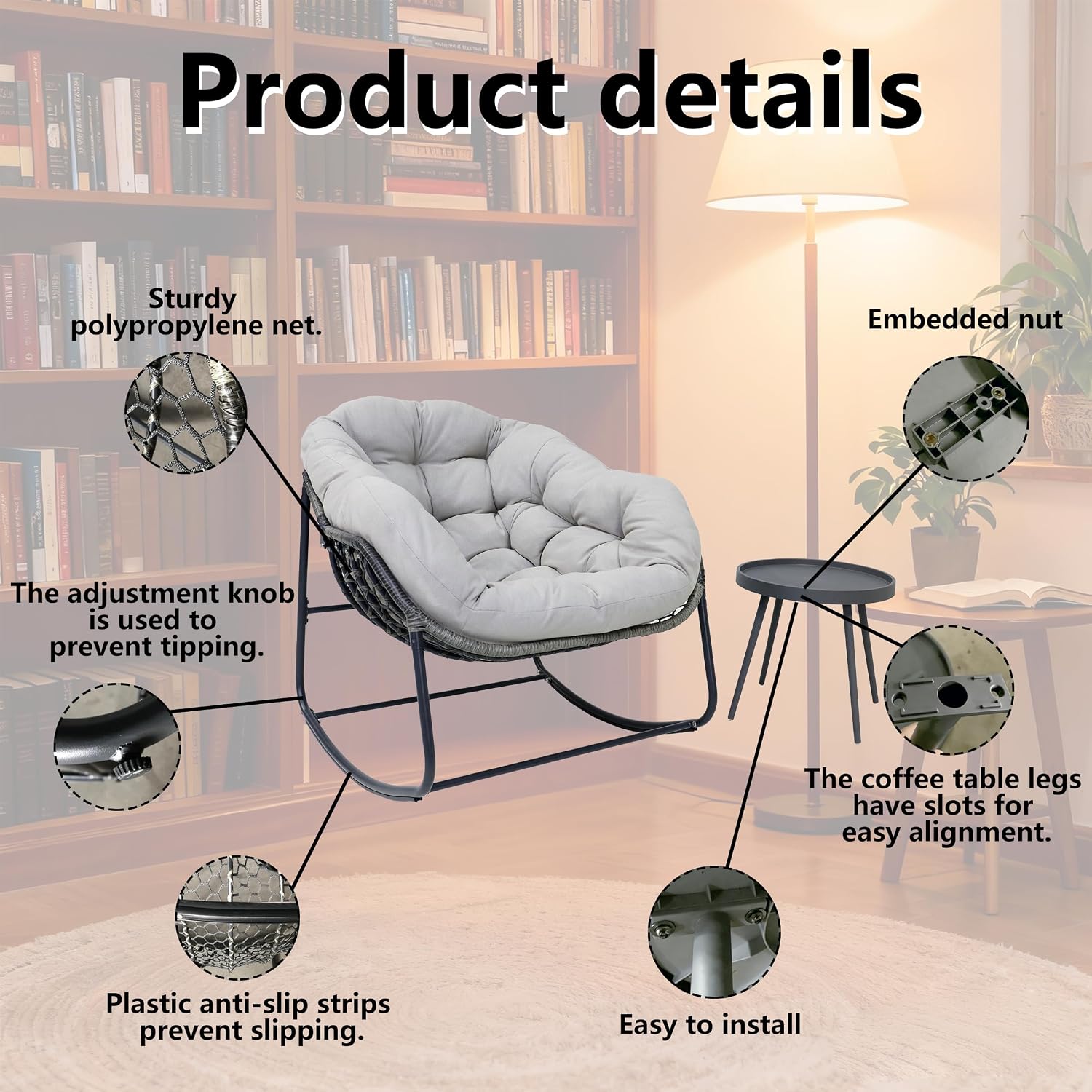 Modern Rocking Chair with Side Table Set, 2-Piece Patio with Soft Cushion & Side Table, 330 LBS Capacity, All-Weather Balcony Furniture
