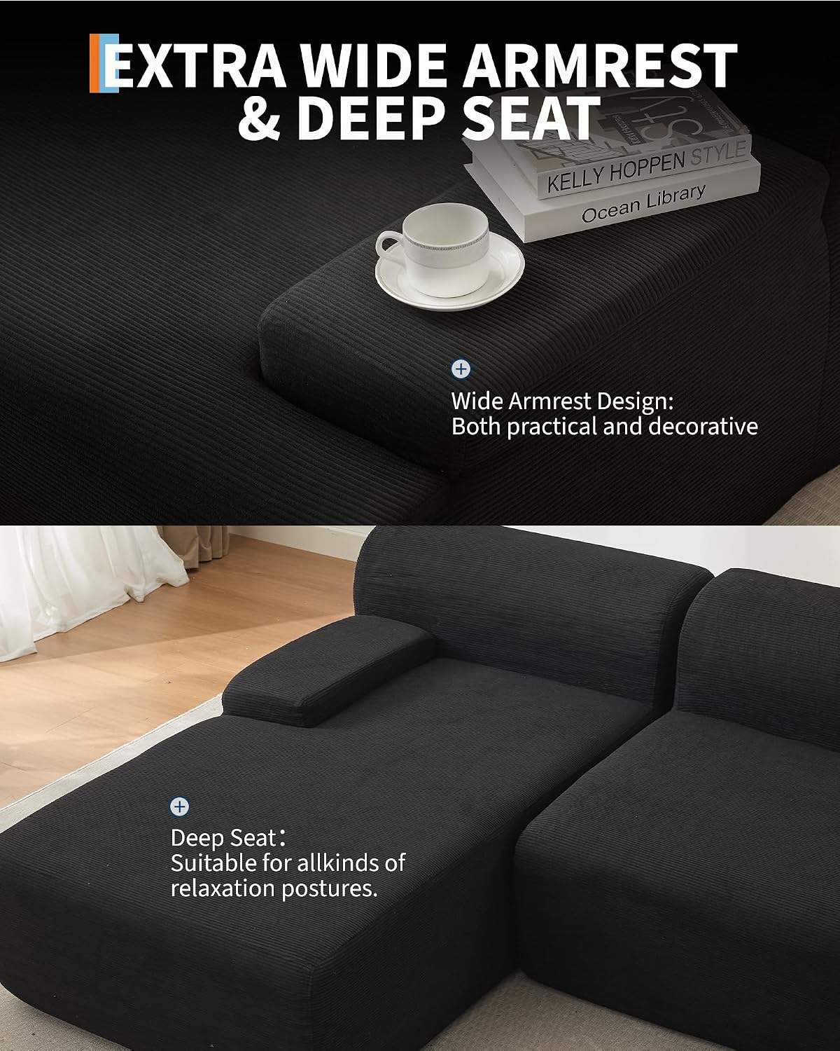 108' Cloud Sectional Couch with Chaise - Super Fluffy Boneless Sofa, Ultra Soft Corduroy L Shaped Couch Bed, Creates Cozy Atmosphere. Perfect Comfy Couches for Living Room, No Assembly Required, Black