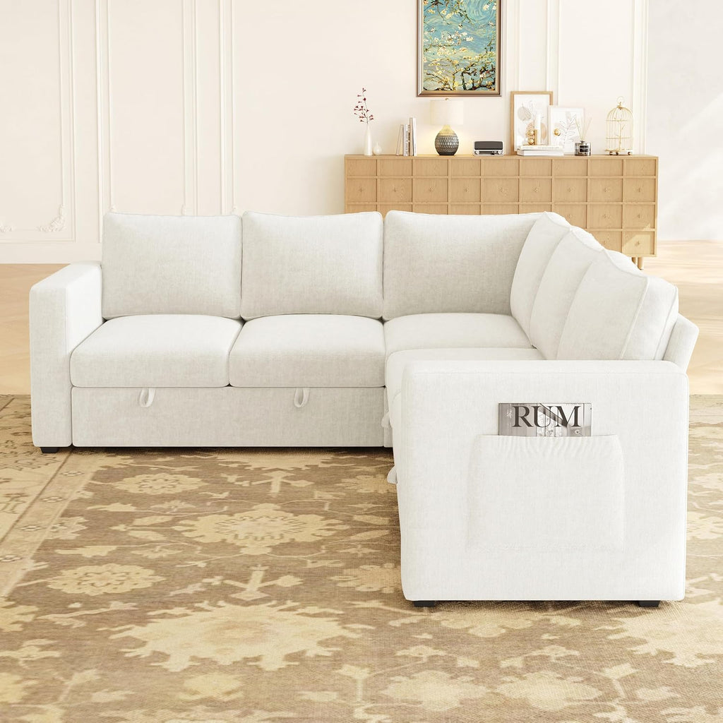 83.5' Sectional Sleeper Sofa with Pull Out Couch, Modern 5 Seat L Shaped Modular Couch, Sectionals Modular Sofa with Storage, Comfy Sectional Couches for Living Room & Apartment, Light Beige