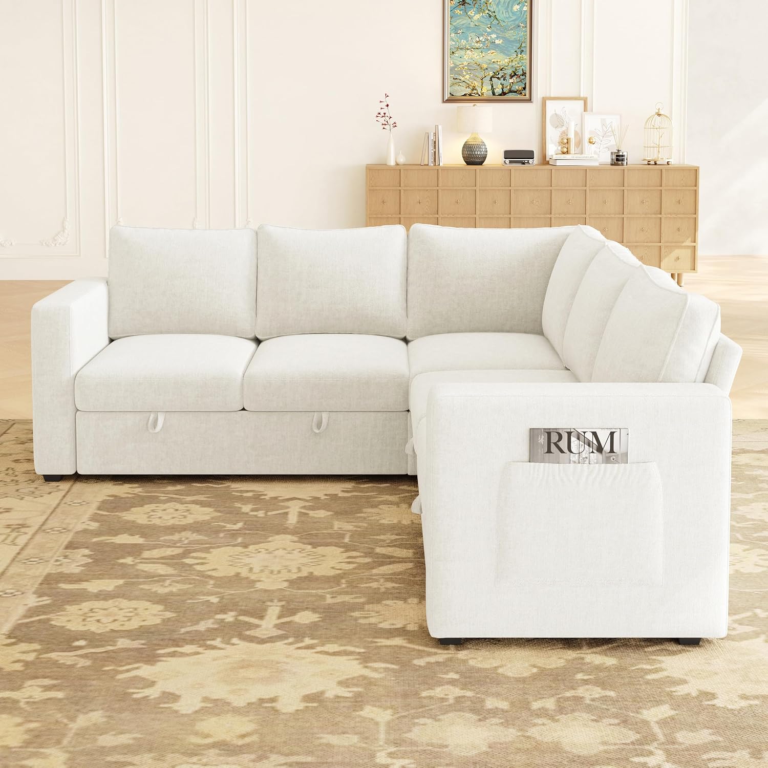 83.5' Sectional Sleeper Sofa with Pull Out Couch, Modern 5 Seat L Shaped Modular Couch, Sectionals Modular Sofa with Storage, Comfy Sectional Couches for Living Room & Apartment, Light Beige