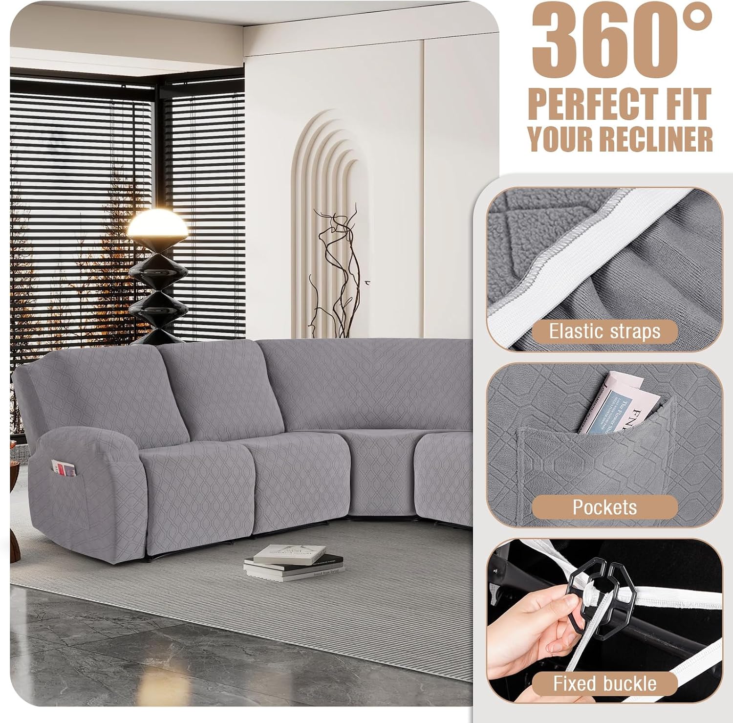 VANSOFY Extra Large Reclining Sectional Couch Covers, Washable 5-Piece Sofa Covers for L Shape Sectional Sofa Corner Seater, Thick, Soft Sofa Slipcovers (5 Seat Recliner Cover, Light Gray)