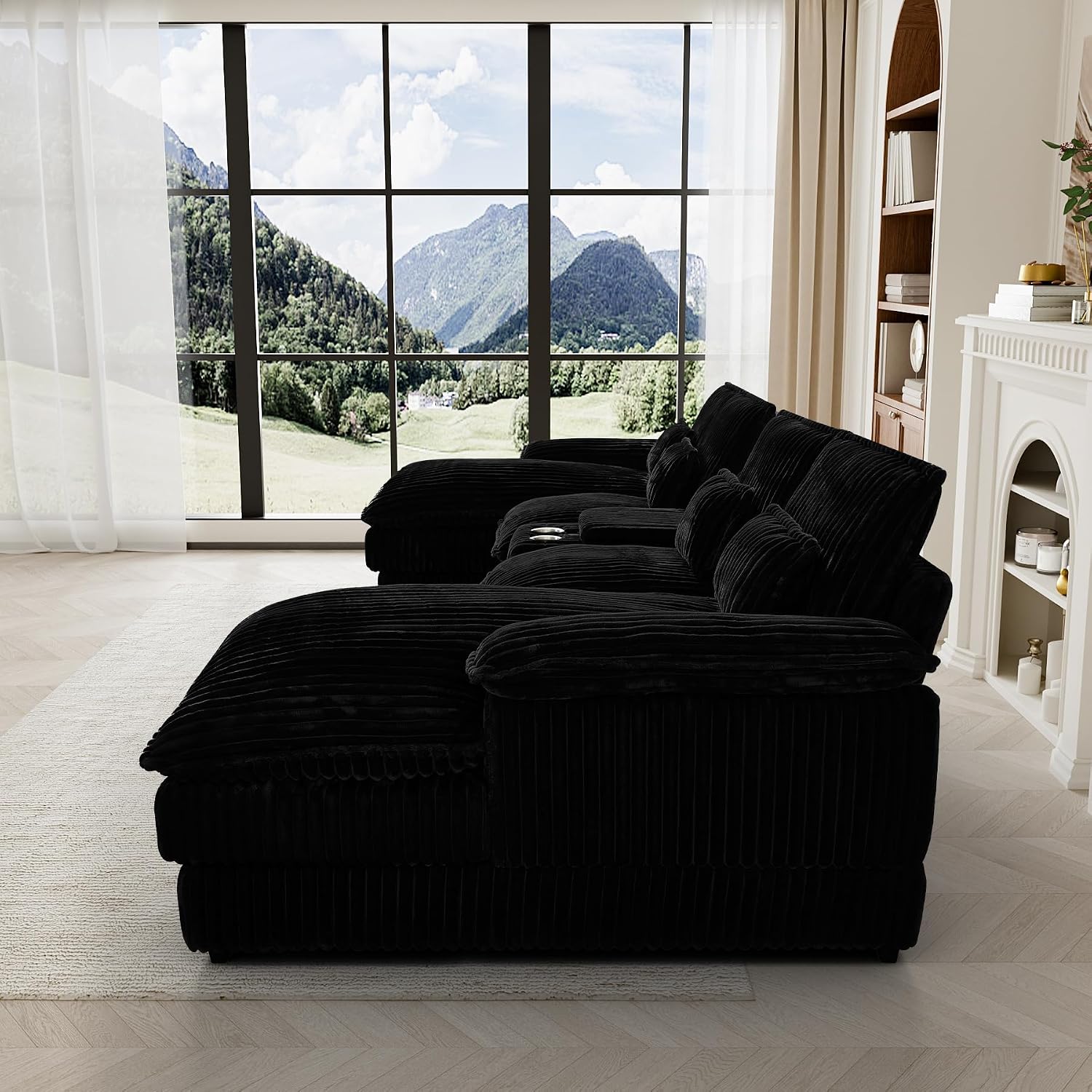 HYJT-H&K 124' U Shaped Cloud Couch Sectional, Comfy Fluffy Plush Corduroy Dark Black Sectional Couches for Living Room, Modern Modular Corduroy Couch Sectionals with Central Console & Double Chaise