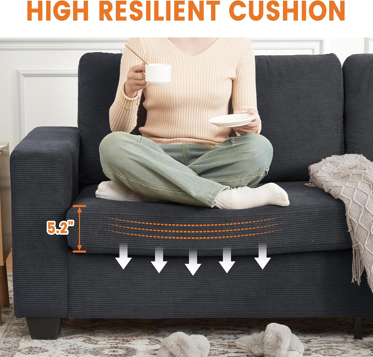 83 Inch Loveseat Sofa, Modern Corduroy 3 Seater Deep Seat Couch with Wide Armrest, Removable Washable Cushion Cover, Cozy Sofa for Living Room Bedroom Apartment