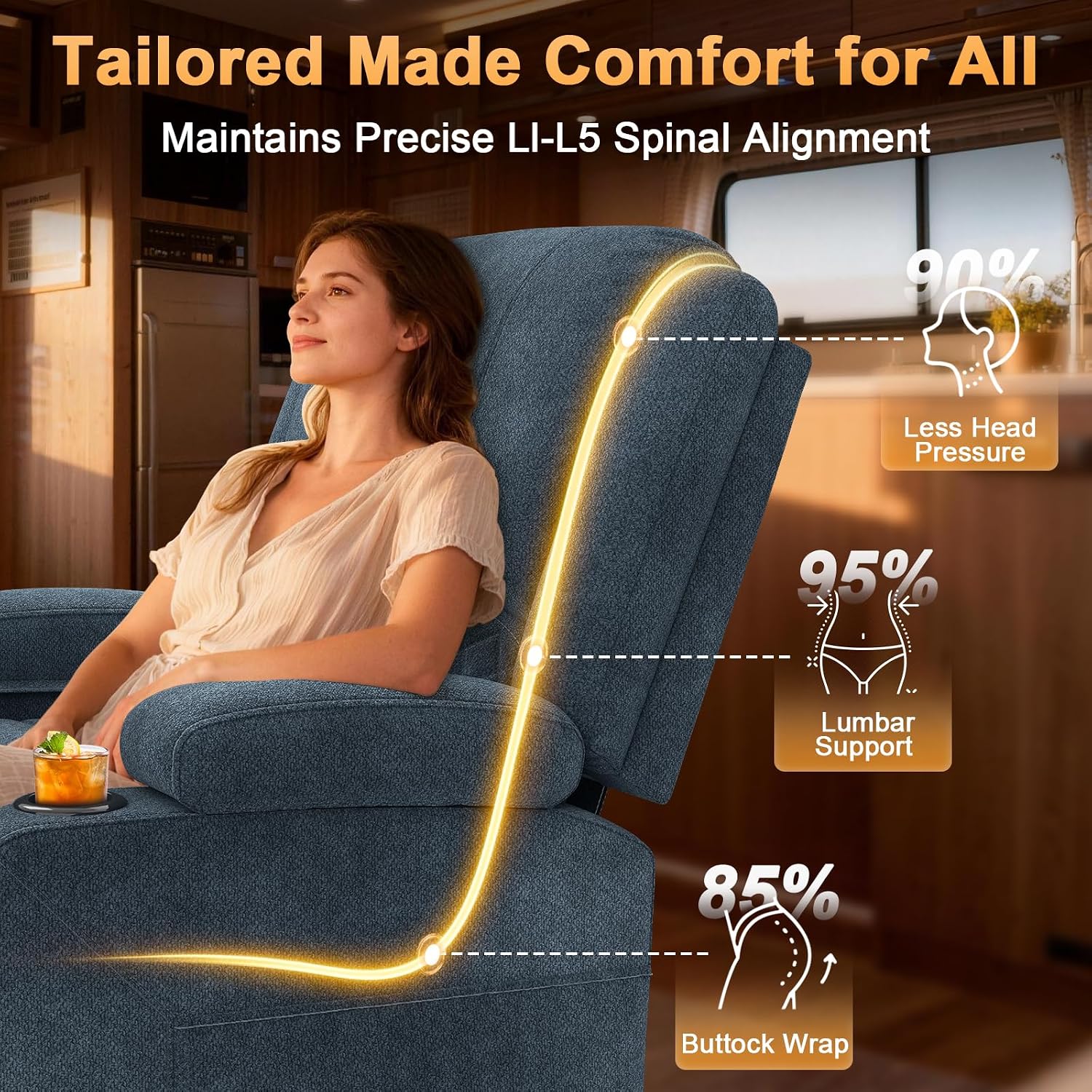 Oversized Manual Recliner Chair, 3 Angle Recliner Home Theater Seating, RV Recliner Single Sofa with Hidden Arm Storage, Cup Holder & Side Pocket (Single, Blue)