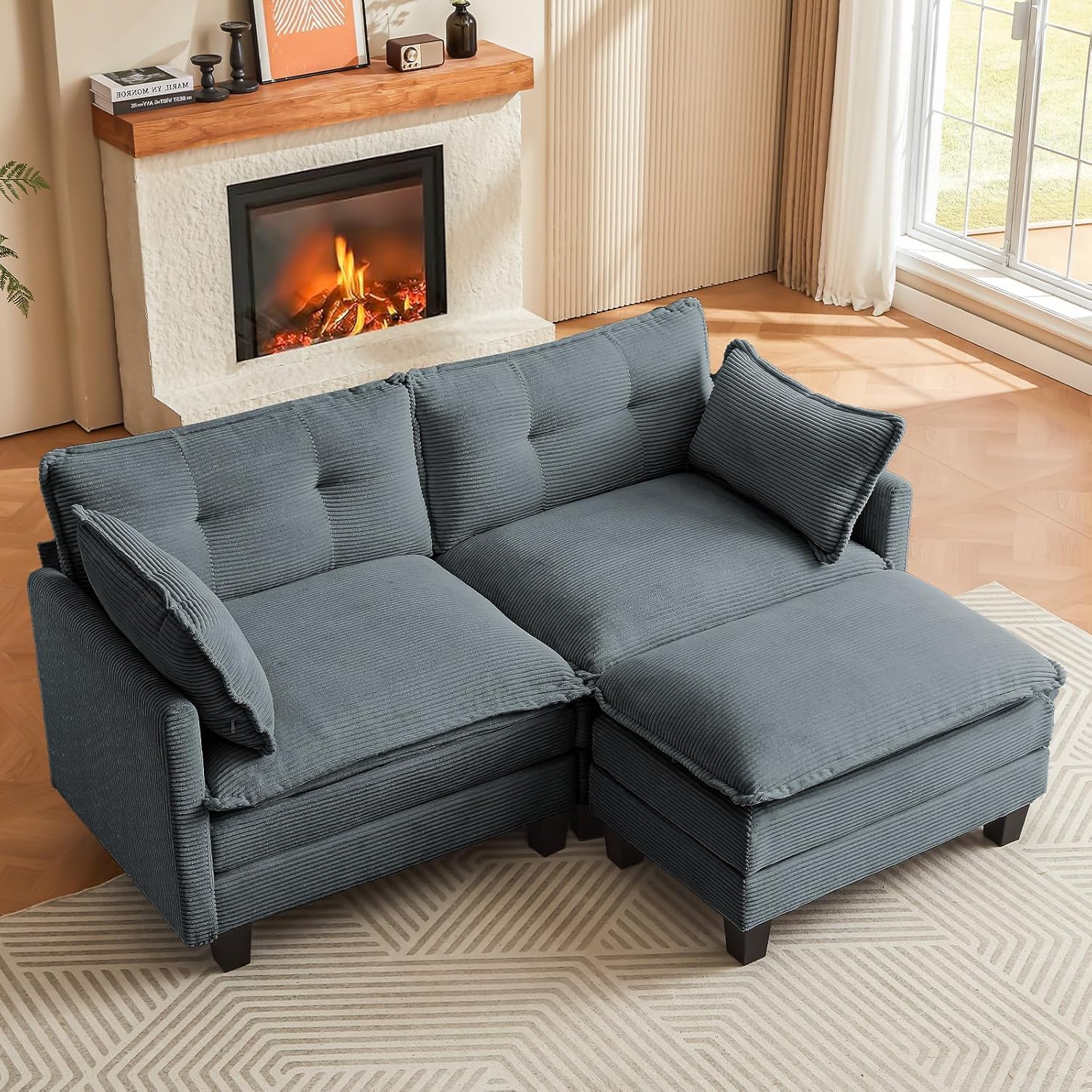 Amsleekey Modular Sectional Sofa, 76.5' L-Shaped Corduroy Comfy Sectional Couches for Living Room, 2-Seater Cloud Couches with 1 Movable Ottoman, Flexible Combination Modern Deep Seat Sofa (Grey)