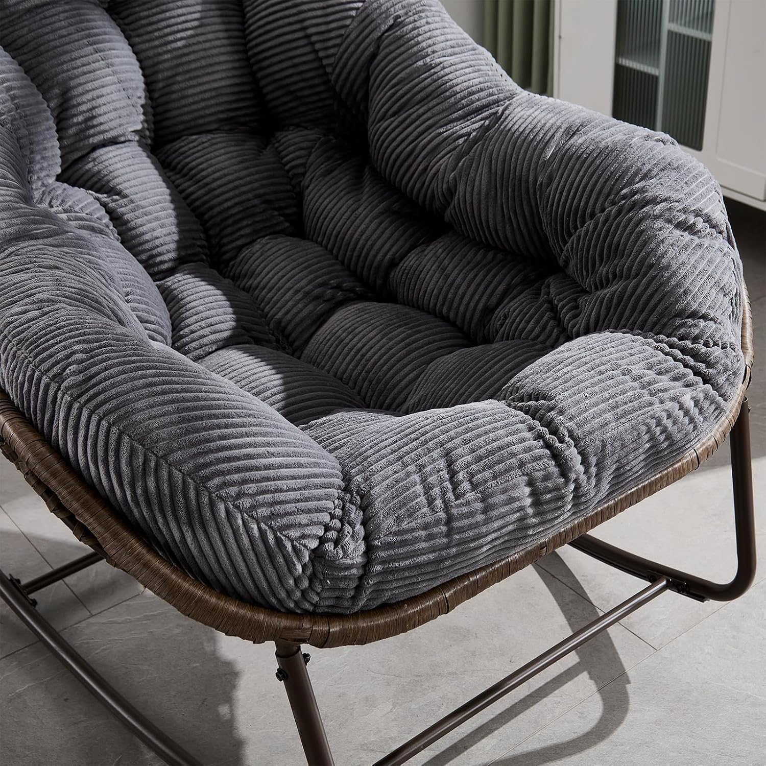 JEEOHEY Papasan Rocking Chairs Outdoor Indoor, Oversized Rattan Rocker Patio Chair with Padded Cushion, Comfy Modern Indoor Egg Chair for Living Room, Bedroom, Porch, Garden, Balcony(Corduroy, Grey)