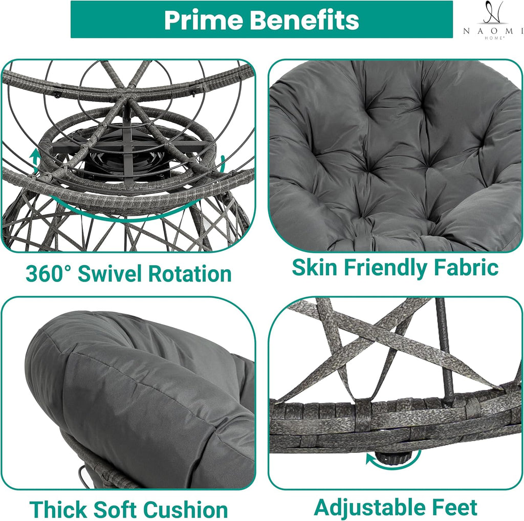 Naomi Home 40' Papasan Chair Indoor with Cushion and Frame – Round Wicker Papasan Chair with Thick Tufted Cushion, Sturdy Metal Base, Large Reading Chair for Bedroom & Living Room, Dark Gray