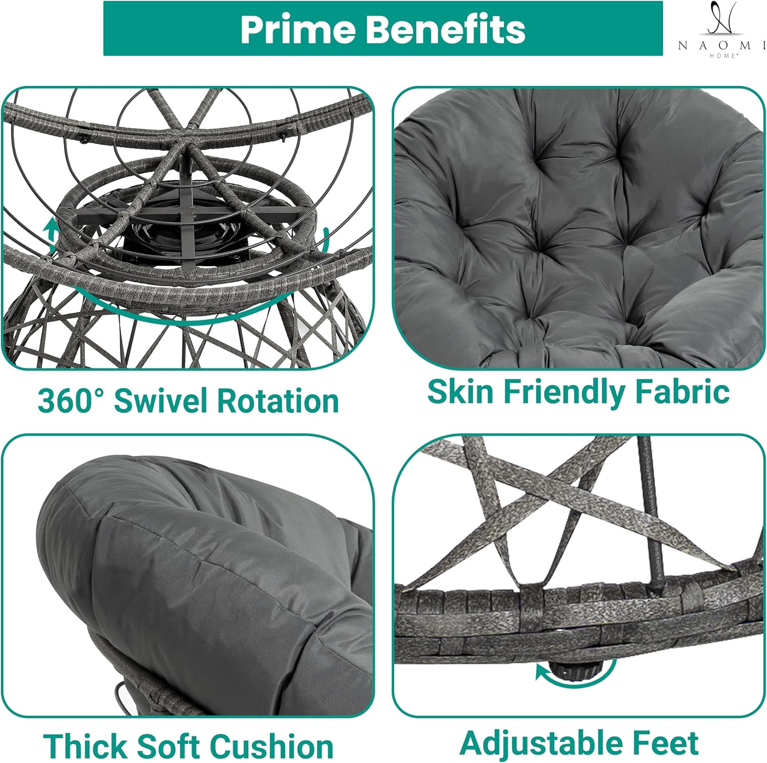 Naomi Home 40' Papasan Chair Indoor with Cushion and Frame – Round Wicker Papasan Chair with Thick Tufted Cushion, Sturdy Metal Base, Large Reading Chair for Bedroom & Living Room, Dark Gray