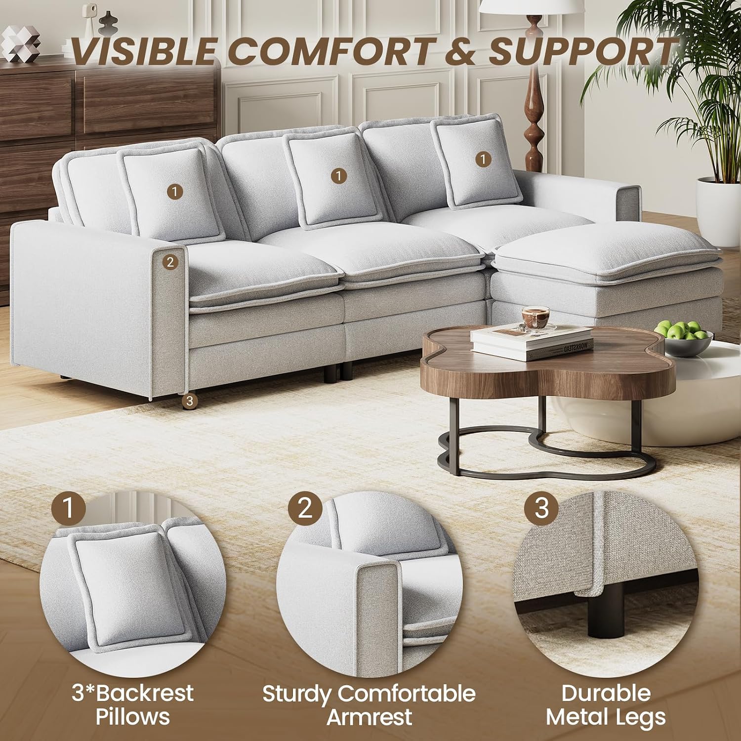 MALOL Modular Sectional Sofa 107', Comfy Cloud Couch with Ottoman, Deep 4-Seat L Shaped Modular Sofa, Couches with Throw Pillows for Living Room, Light Grey
