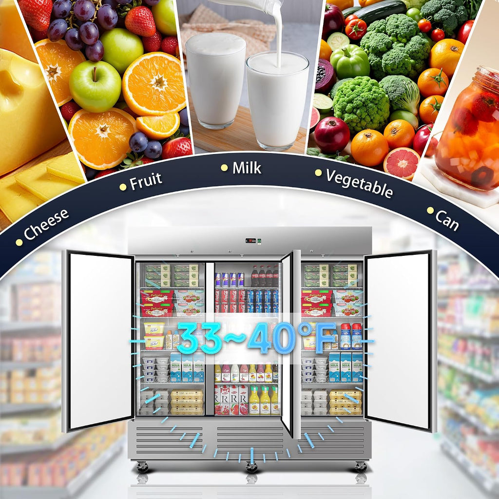 DeepTide 81' W Commercial Upright Refrigerator with Three-Door: 68 Cubic Feet Storage, Adjustable Shelving, Automatic Defrosting, Precision Digital Thermostat, LED Lights, Safety Locks