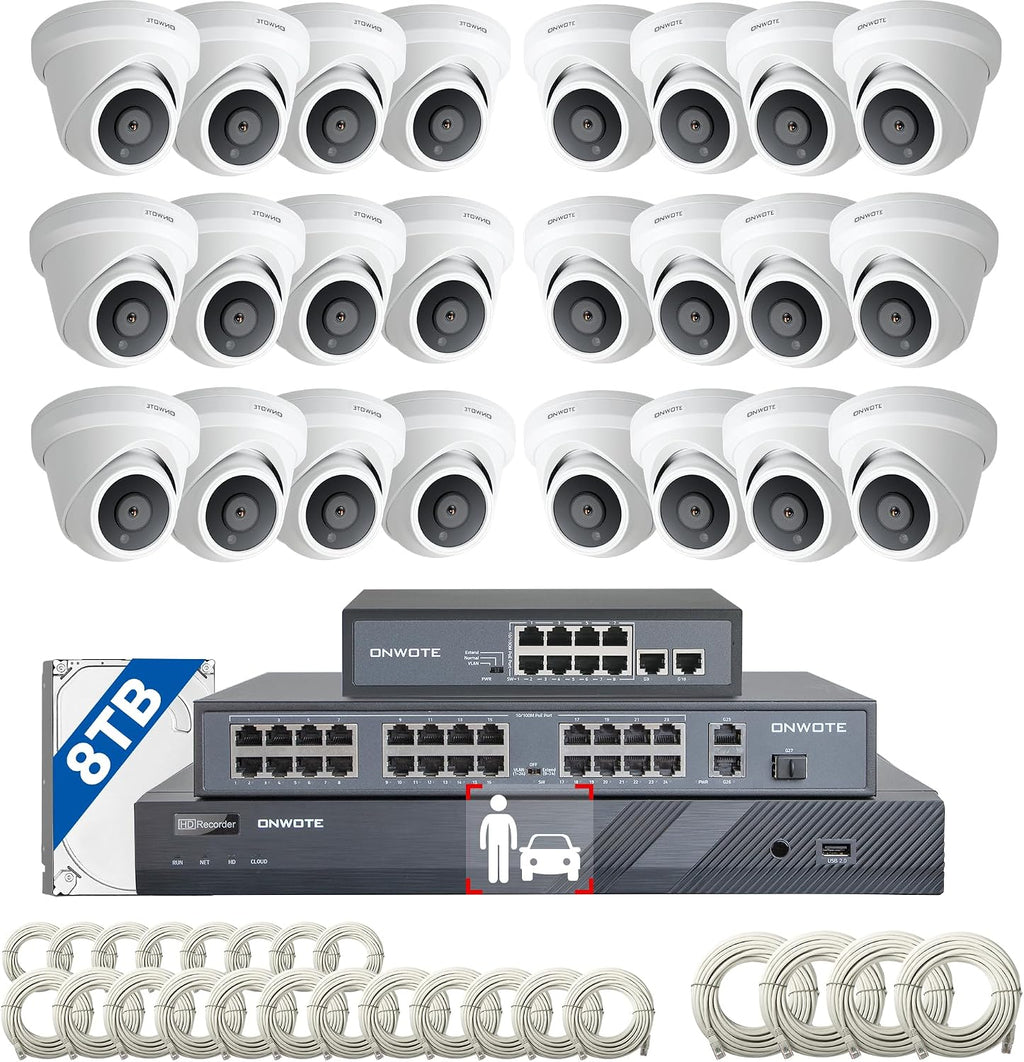 ONWOTE 4K 32 Channel Security Camera System PoE, 12MP 32CH NVR 8TB, 24x 8MP Outdoor Audio PoE IP Cameras, AI Human Vehicle Detection, 32 Ports Switch, 24 Cables-2280ft, Commercial CCTV for Business