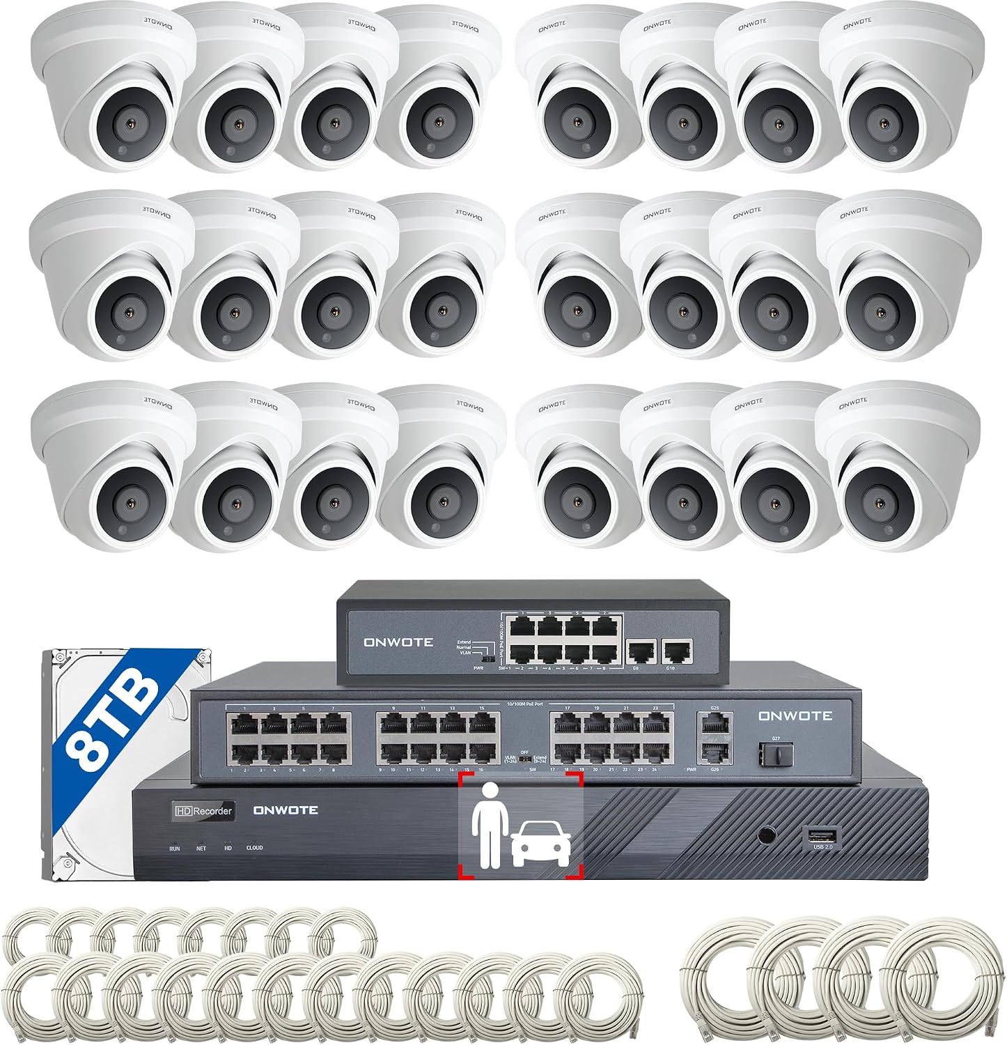 ONWOTE 4K 32 Channel Security Camera System PoE, 12MP 32CH NVR 8TB, 24x 8MP Outdoor Audio PoE IP Cameras, AI Human Vehicle Detection, 32 Ports Switch, 24 Cables-2280ft, Commercial CCTV for Business