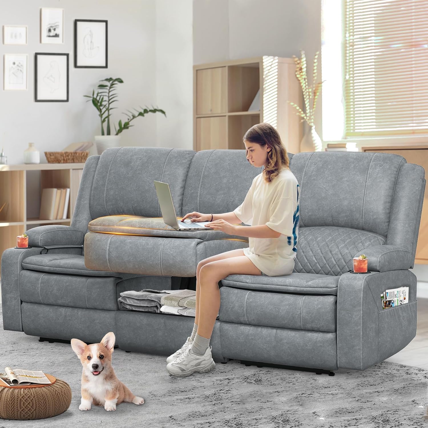 Yolsali 3-Seater Recliner Sofa, Manual Reclining Couch with Multi-Functional Middle Seat, Reclining Sofa for Living Room with Hidden Storage Space, Cup Holders, and Removable Console