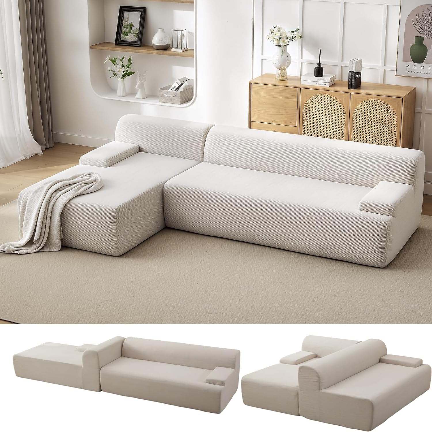Garvee 107'' Modular Sectional Sofa, Left Facing Chaise L-Shaped Boneless Couch, Ultra Deep Seat Modern Sectional Sofa for Living Room, 5mm Wale Corduroy Fabric, Beige