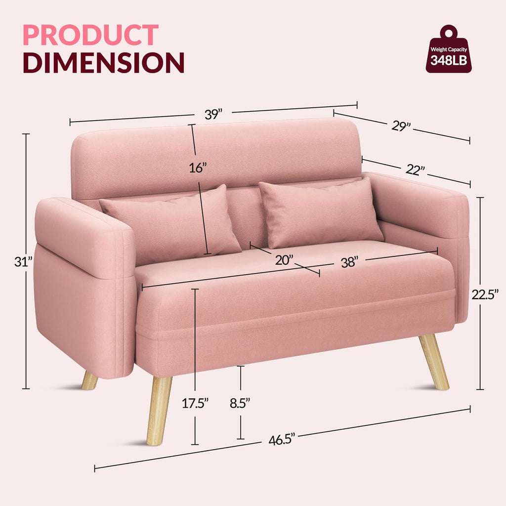 Yaheetech 46' Small Modern Fabric Sofa Loveseat Mid Century 2 Seater Sofa Couch with Lumbar Pillows, Solid Wood Legs for Living Room, Small Space, Dorm, Office, Bedroom, Pink