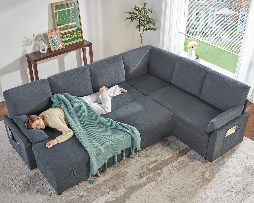 AMERLIFE 112 inch Sleeper Sofa, 2-in-1 Sofa Bed with Storage Chaise, Oversized U Pull Out Shape Sofa Couch for Living Room, Guest Room, Linen Grey