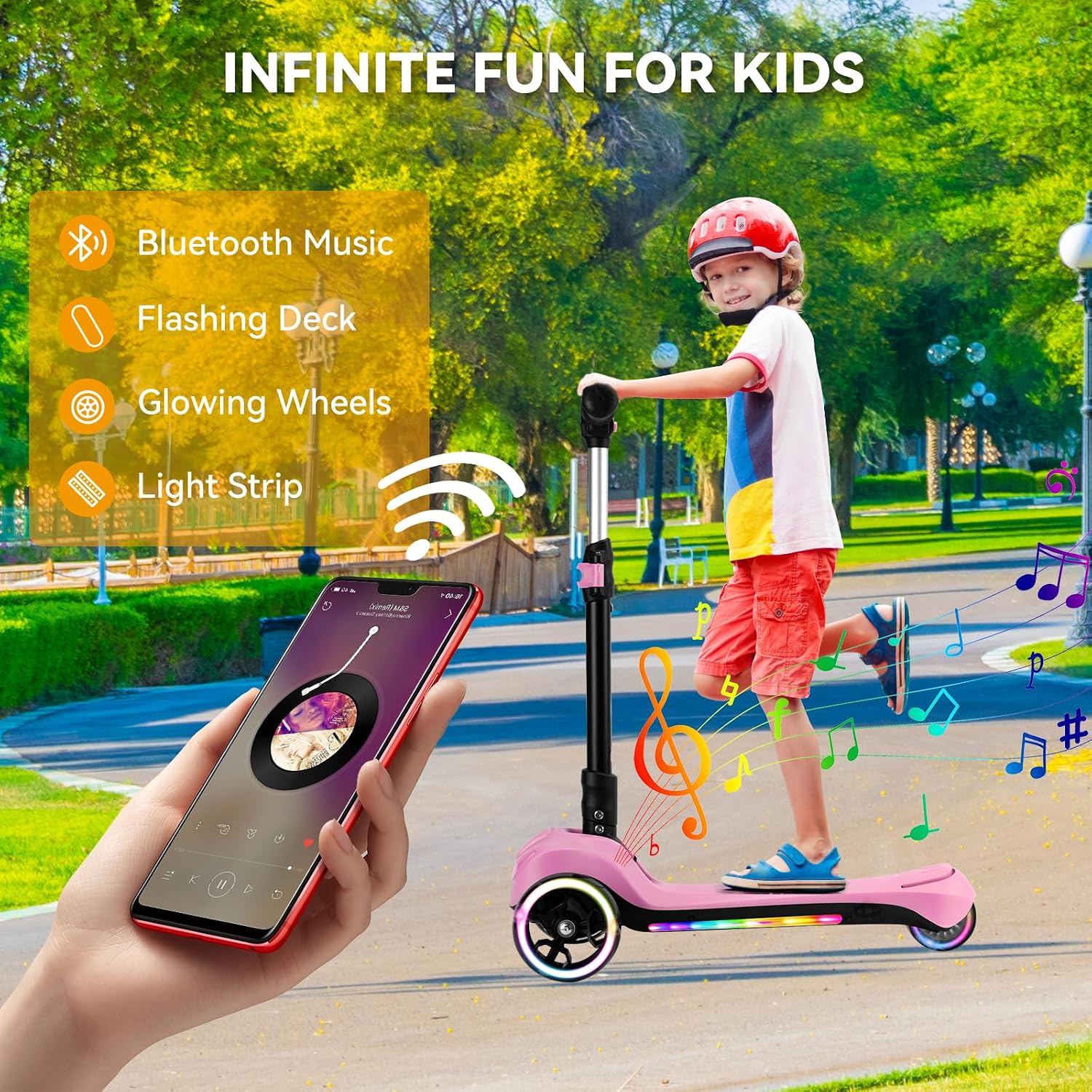 24V Electric Scooter for Kids w/150W Powerful Motor, Thumb Throttle, LCD Screen, Bluetooth, Light-Up Stem Deck & Wheels, 3 Adjustable Heights, 5MPH Safe Speed, 3 Wheel Electric Scooter for Kids