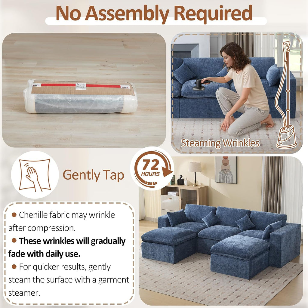 115'' Cloud Boneless Sectional Couch, Modular Sectional Sofa Deep Seat with 2 Ottomans, Oversized Upholstered Convertible Comfy 5 Seater Chenille Sofa U Shape Couches for Living Room, Blue