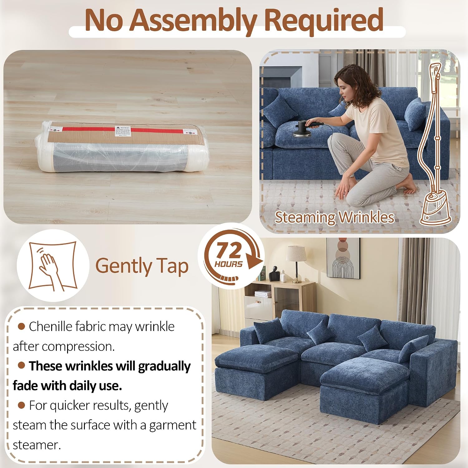 115'' Cloud Boneless Sectional Couch, Modular Sectional Sofa Deep Seat with 2 Ottomans, Oversized Upholstered Convertible Comfy 5 Seater Chenille Sofa U Shape Couches for Living Room, Blue