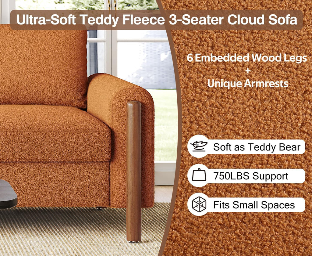 Christopher Knight Home Yadil Teddy Fleece Upholstered 3 Seater Sofa Couch, Wooden Home Sofa Living Room, Comfy Cloud Couch for Bedroom, Home Office, Orange