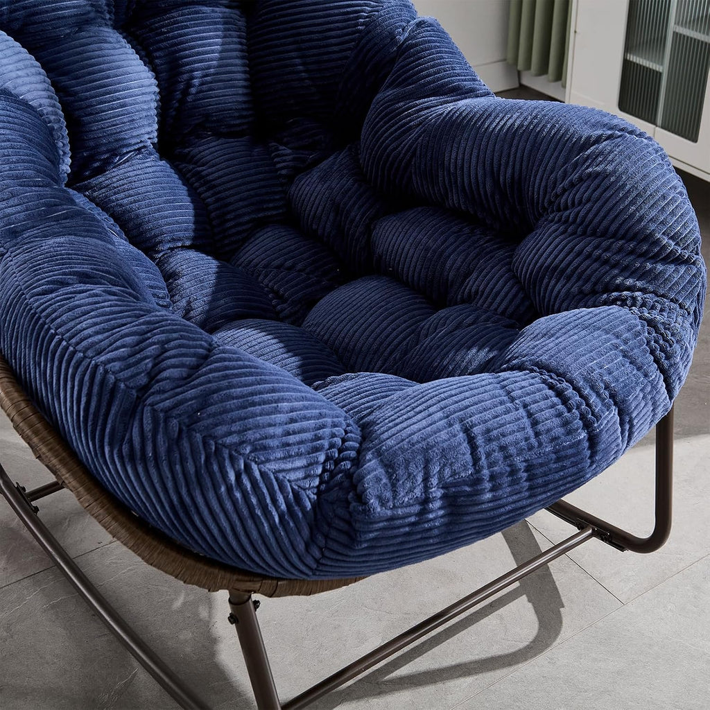 JEEOHEY Papasan Rocking Chairs Outdoor Indoor, Oversized Rattan Rocker Patio Chair with Padded Cushion, Comfy Modern Indoor Egg Chair for Living Room, Bedroom, Porch, Garden, Balcony(Corduroy, Navy)