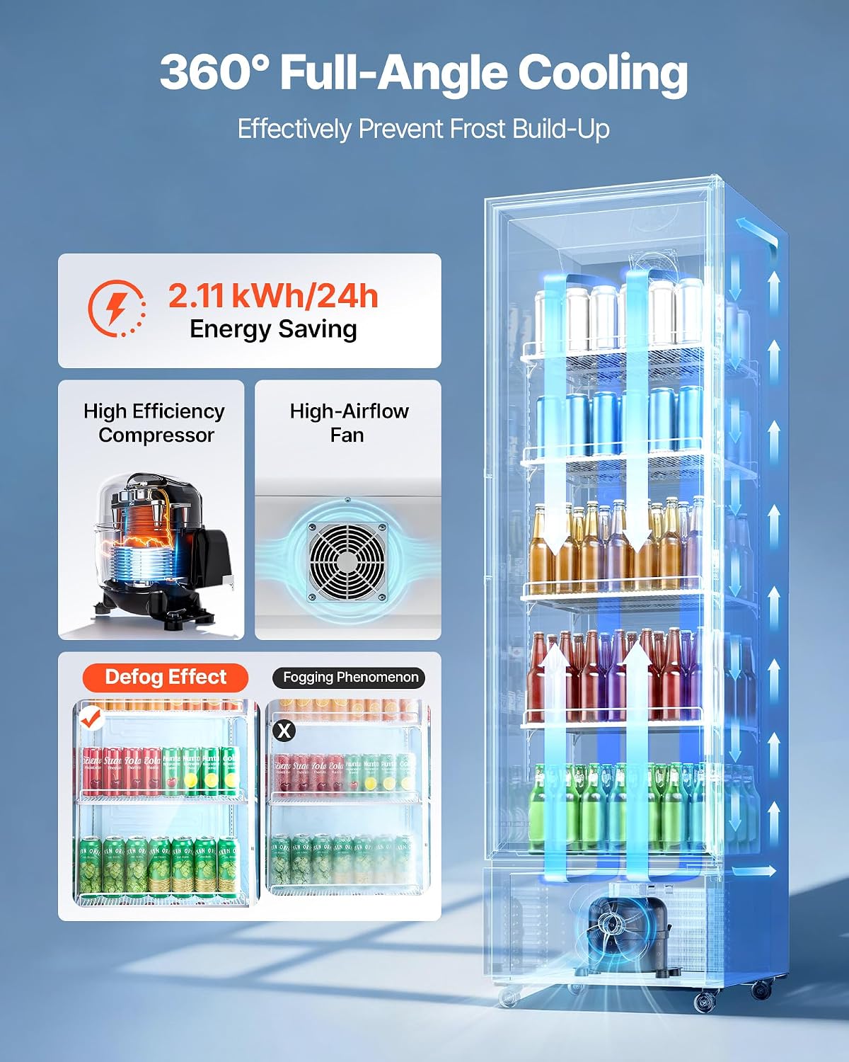 VEVOR Commercial Merchandiser Refrigerator, 12.7 Cu.Ft / 360 L Glass Door Display Refrigerator, Upright Beverage Cooler Fridge with 4 Adjustable Shelves, Soft LED Light & Casters for Homes Shops Bars